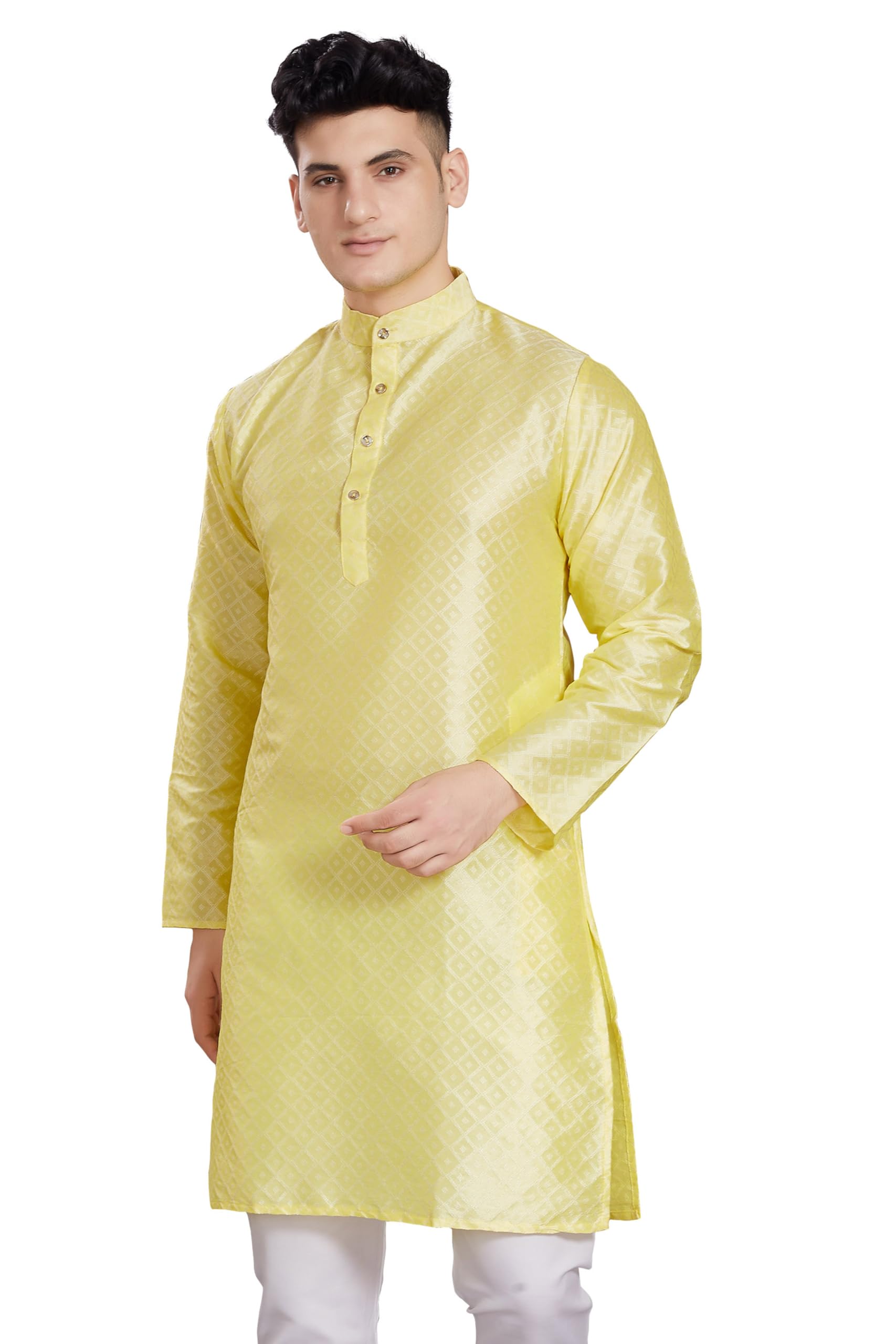 Divisive Men's Self Woven Jequard Art Silk Slim Fit Only Kurta (Dkrt401_Xl_Lemon Yellow)