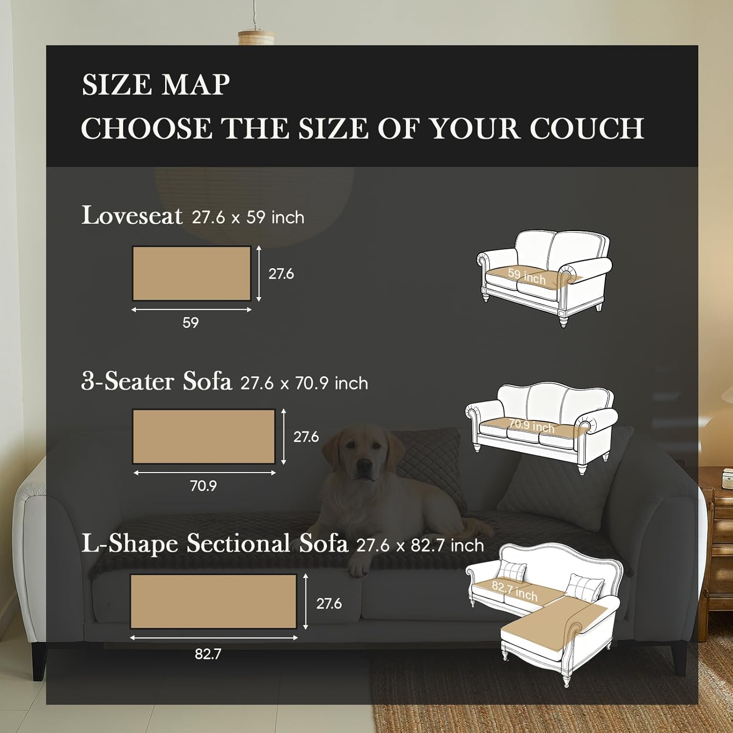 Diamond Quilted Couch Cover for Dogs Non Slip - Large Silicone Particles Pet Friendly Thick Sofa Slipcover for 3 Cushion Couch Washable Furniture Protector Mat for Dogs Cats