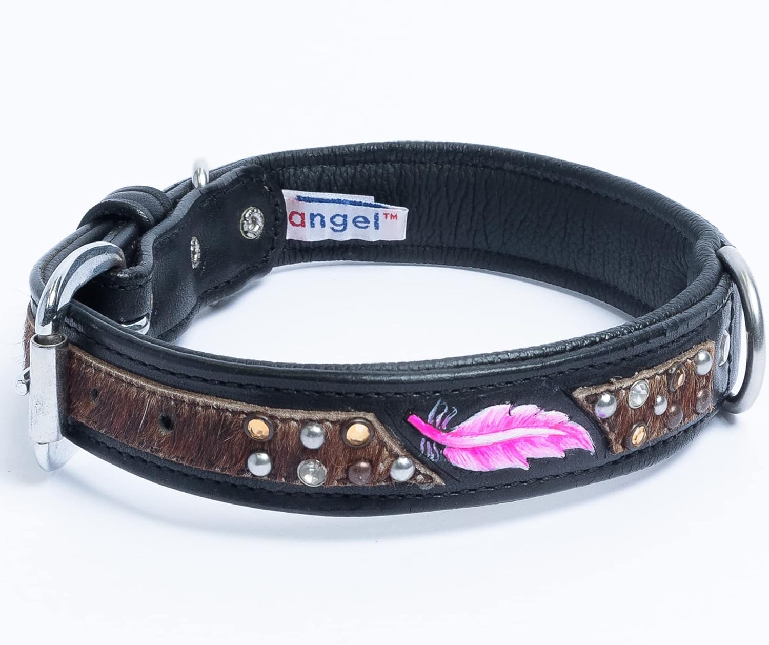 Angel, Sedona Genuine Leather Tooled Dog Collar, 20" x 1", Hand Painted Feather, Mixed Spots, Black and Pink, 100% Argentinean Cowhide, for Neck Size 14"- 17", Angel Elite Collection