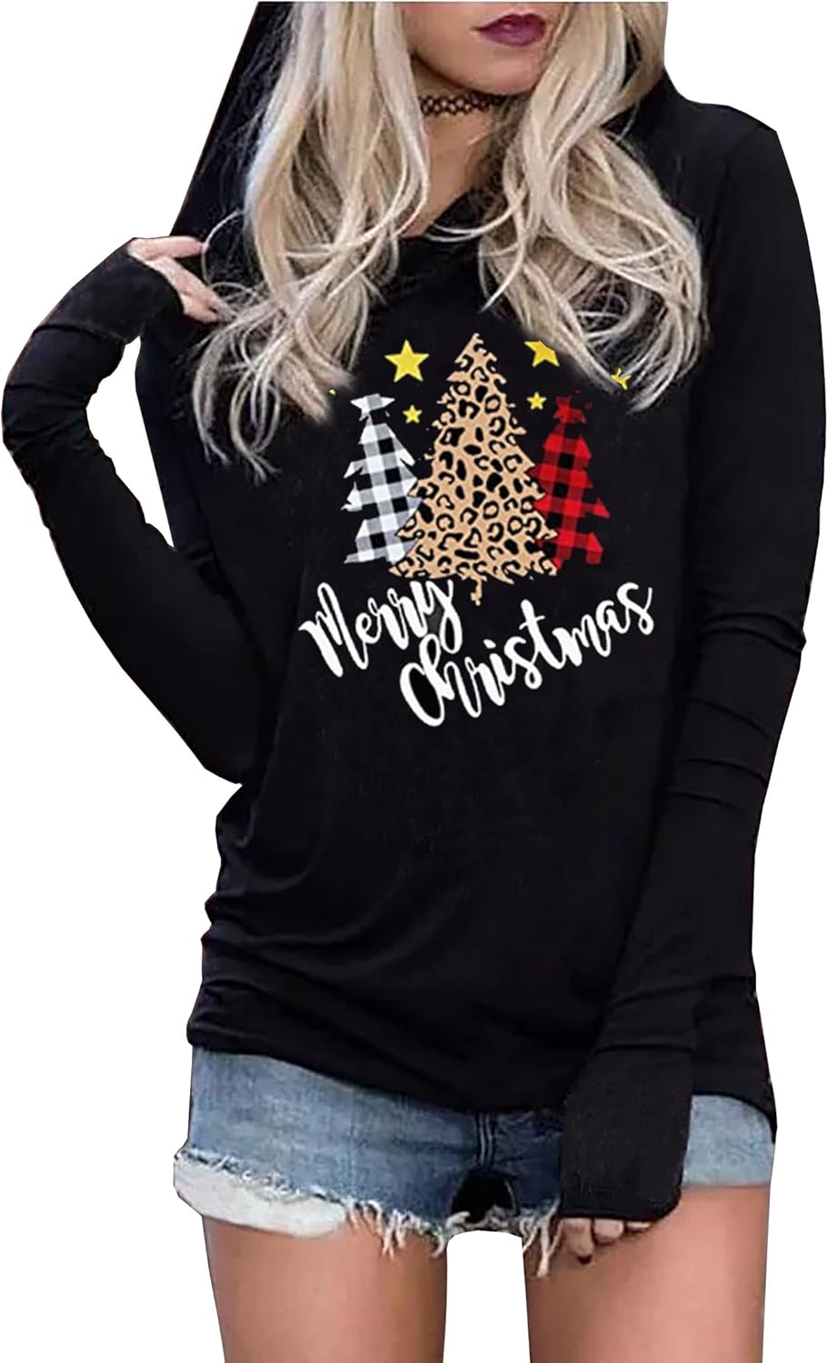 Susongeth Merry Christmas Hoodie for Women Funny Christmas Tree Graphic T-Shirt Xmas Casual Long Sleeve Hoodie Pullover Tops