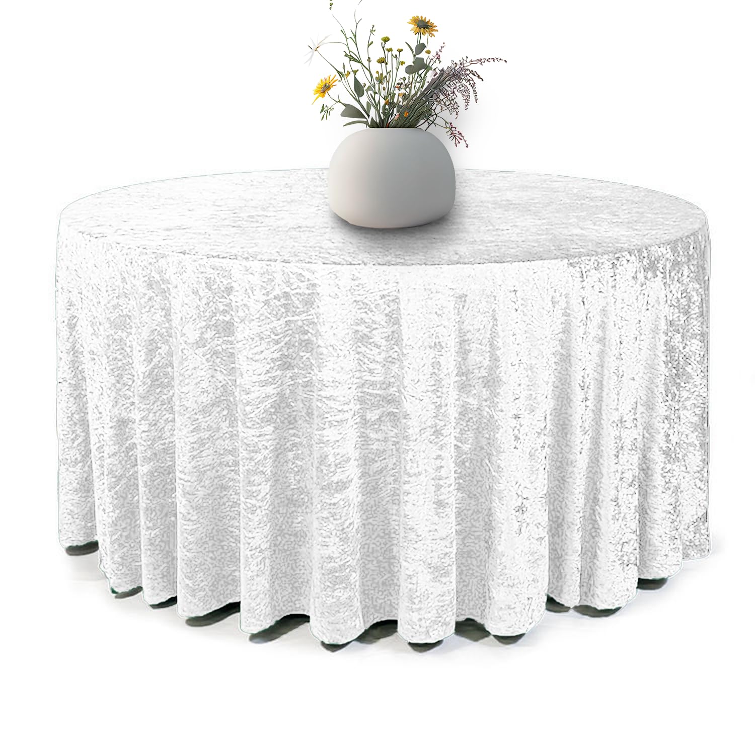 Elegant Event Essentials - Round Crushed Velvet Table Cover - Table Cloth For Wedding Events, Banquet, Kitchen, Birthday, Dinner Party - Soft Fabric - Wrinkle-Resistant - White - 90 Inch (225 cm)