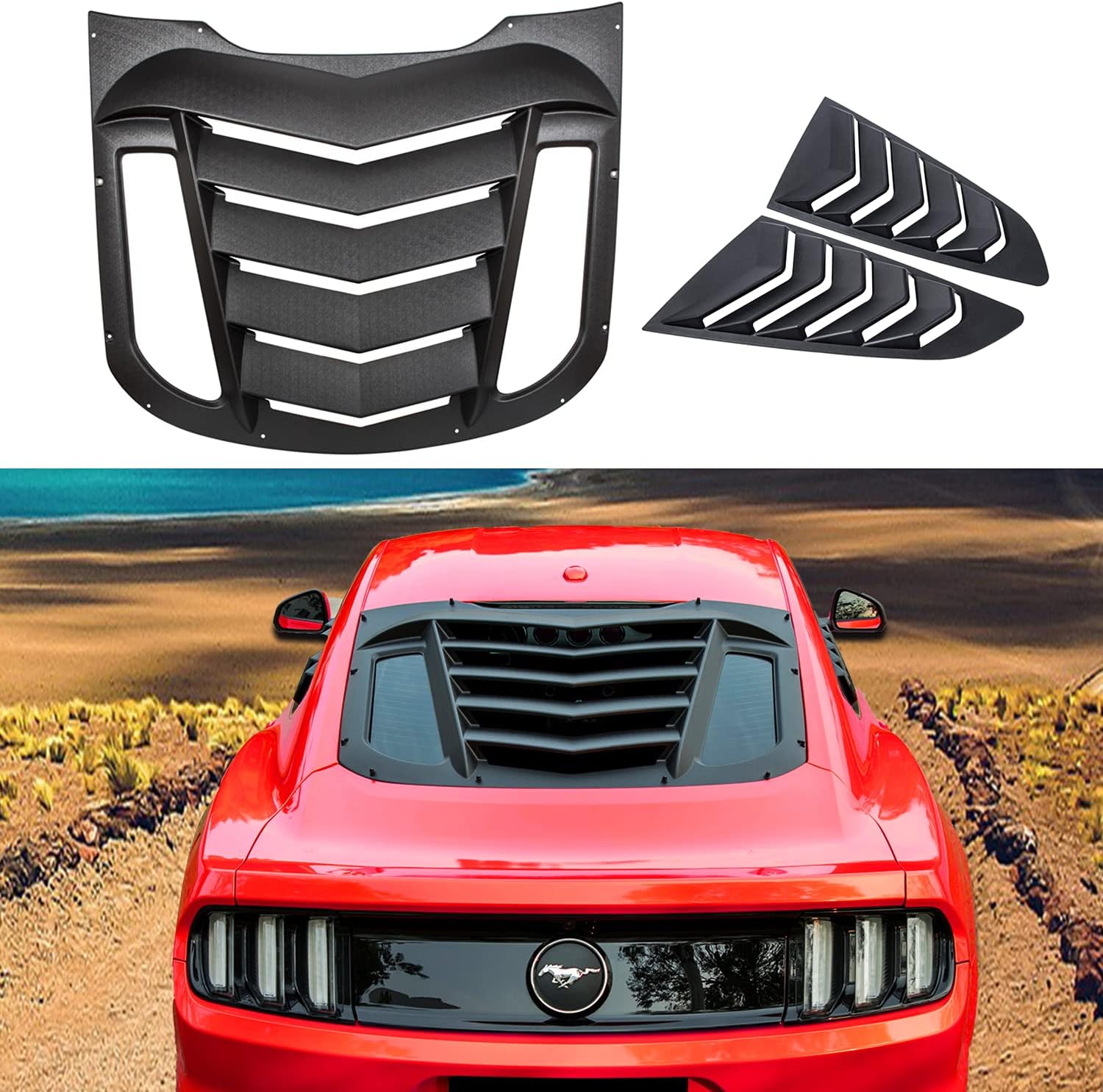 Rear + Side Window Louvers Cover Fit for Ford Mustang 2015-2023 Matte Black Window Visor Sun Shade Vent