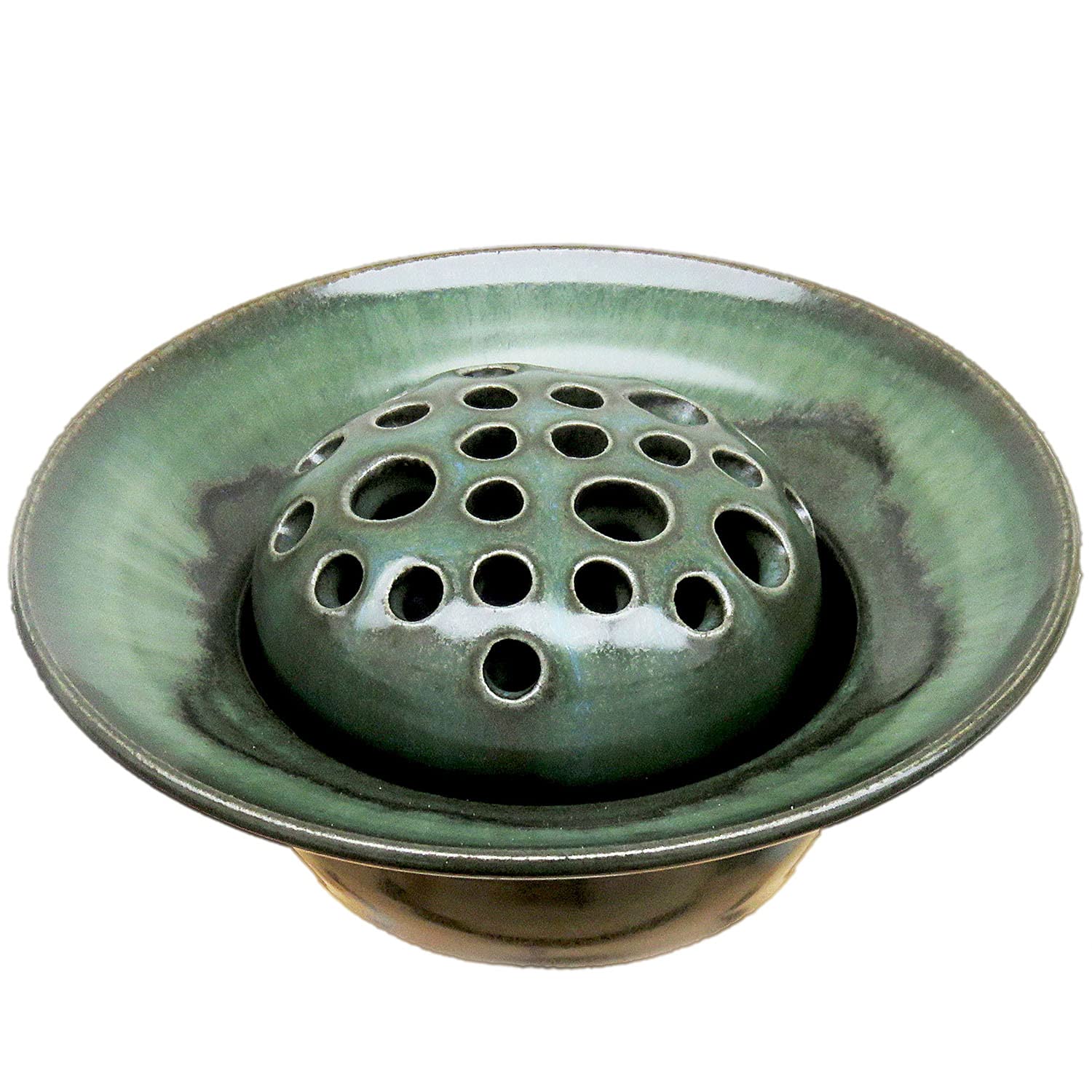 Blumensteckschale grün, 2-teilig, handgetöpfert, 13 cm Durchmesser, Steinzeug