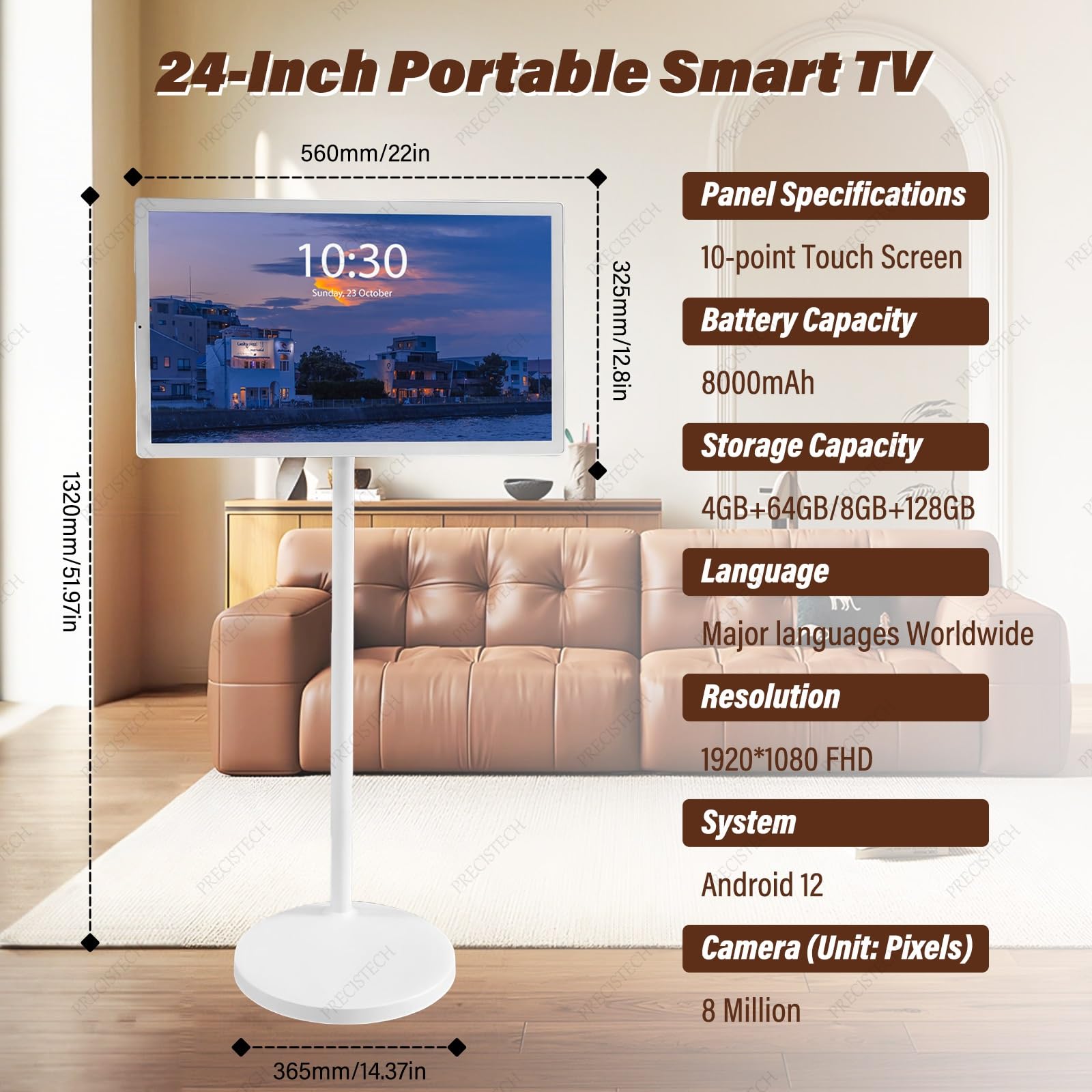 Televisión Portátil 1080p/4k Táctil con Batería De ampia Duración Y Bluetooth, para Uso En Oficina, Gimnasio, Cocina Y Entretenimiento En Casa(4+64G,24in)