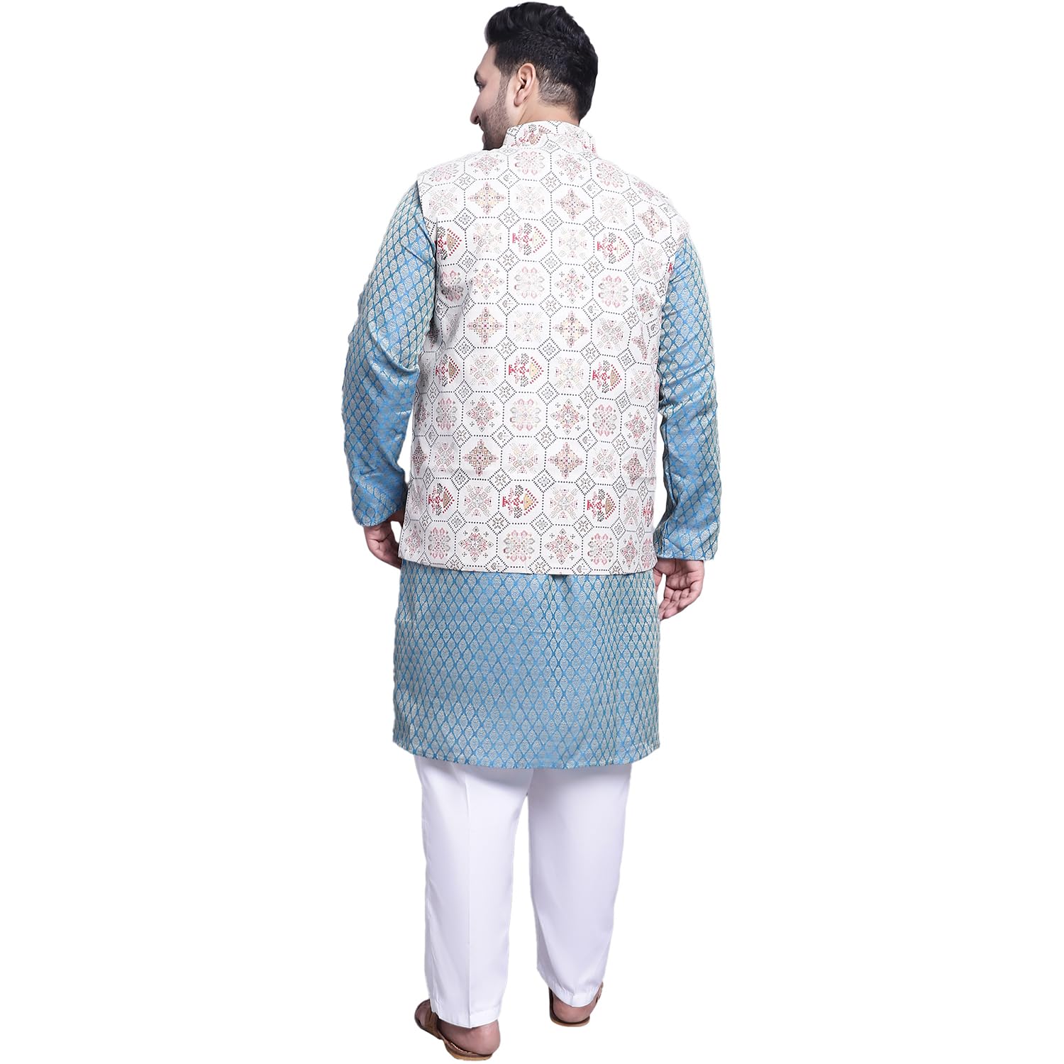 Sojanya (Since 1958 Men's Silk Blend Pblue Kurta & Cream Printed Nehrujacket With White Pyjama