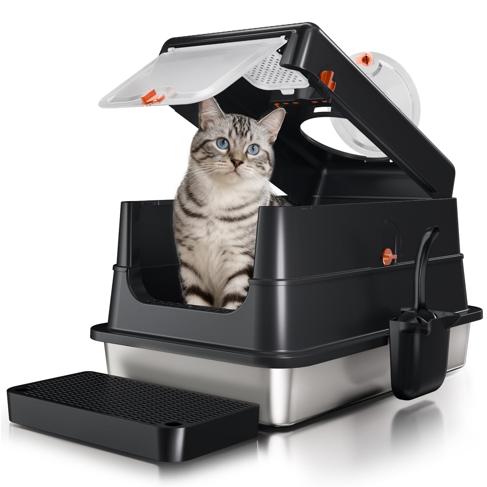 Fusblom Stainless Steel Cat Litter Tray, XL Enclosed Cat Litter Box with Lid, High Sided Metal Litter Pan, Leak-Proof, Odor-Free&Non-Stick, Easy to Clean, Included Scoop & Pedal- Black, Large