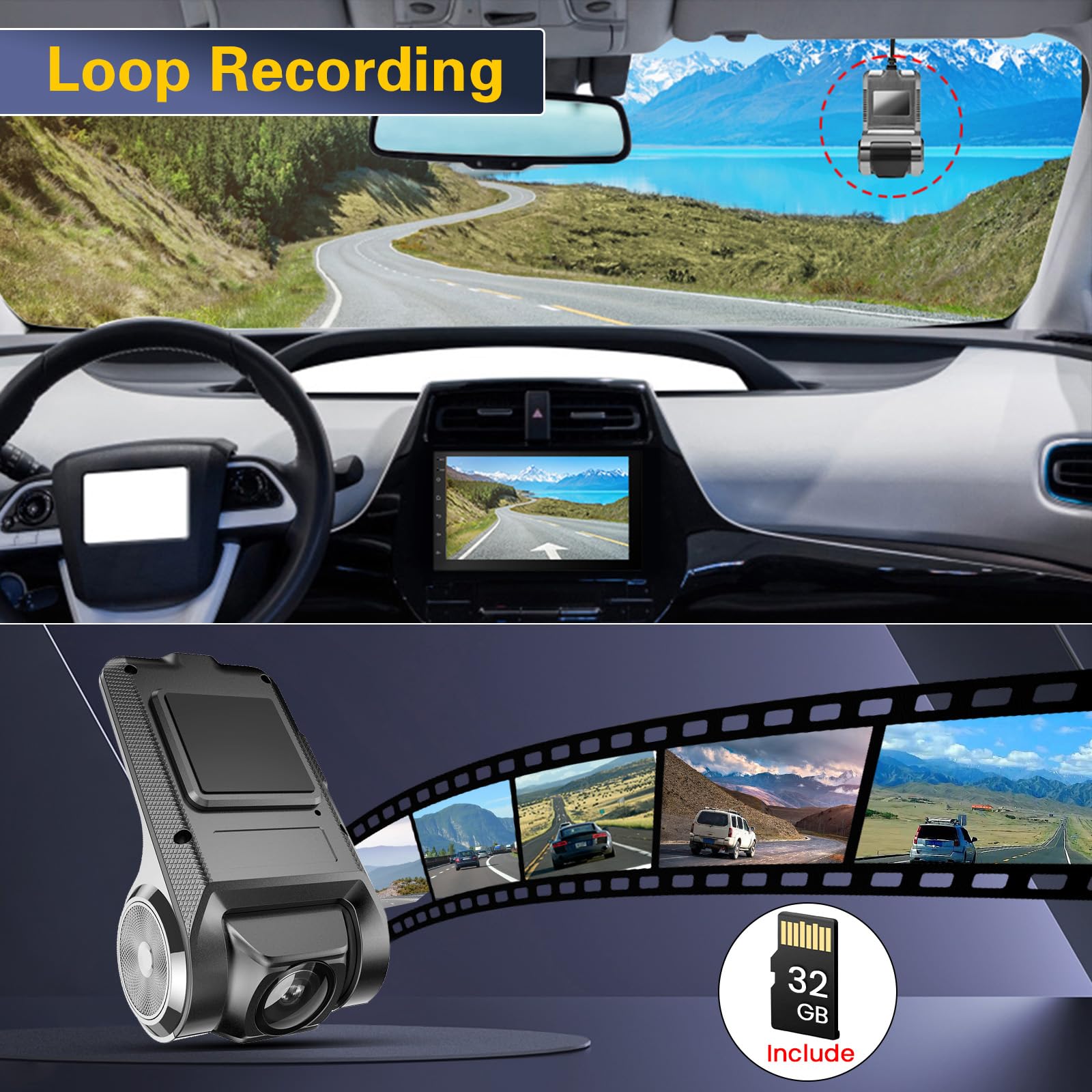 Hikity USB DVR Kamera samochodowa dla radia Android, wodoodporna, mini kamera samochodowa, rejestrator, noktowizja, rejestrator jazdy, nagrywanie pętlowe z G-sensorem, szeroki kąt 170° | Rejestrator noktowizyjny Dash Cam nagrywanie w pętli z USB DVR G-Sen