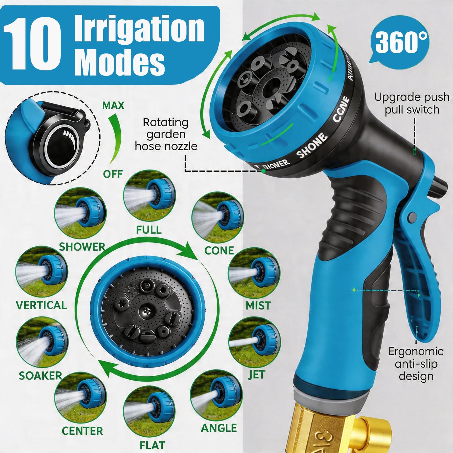Tuyau Arrosage Extensible - 15m/50FT Tuyau d'arrosage Flexible avec 10 Modèles de Pulvérisation, Connecteurs Métalliques 1/2" et 3/4" Garden Hose,Latex Triple Épaisseur Durable (15M/50FT)