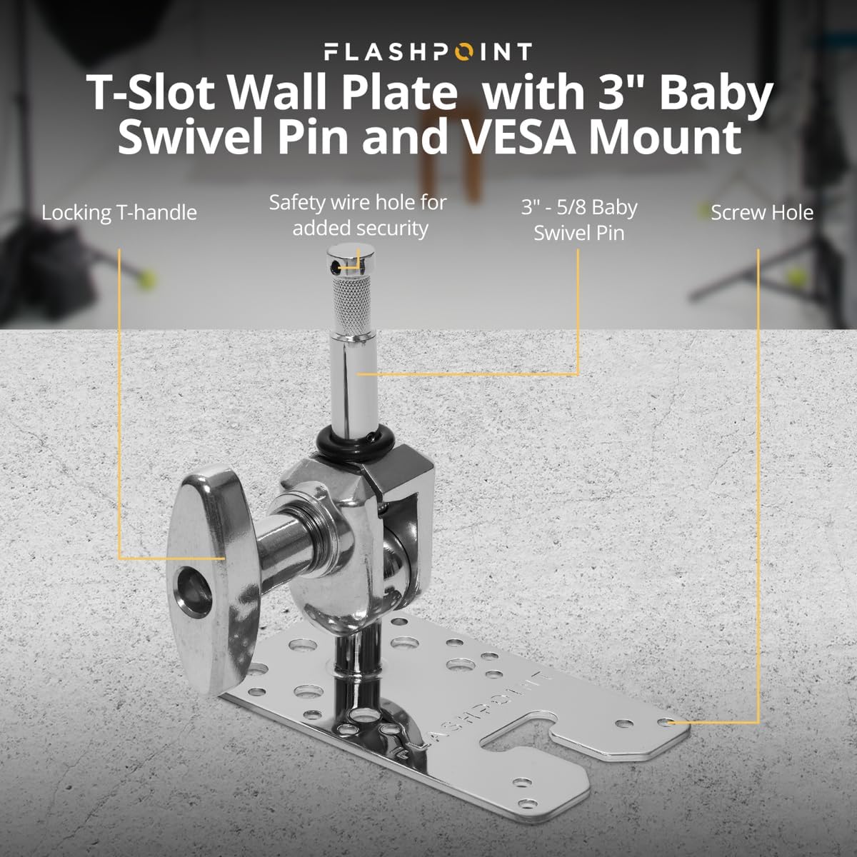 Flashpoint T-Slot Wall Plate with 3" Baby Swivel Pin and VESA Mount