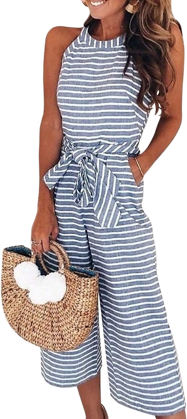 PRETTYGARDEN 2018 Women's Striped Sleeveless Waist Belted Zipper Back Wide Leg Loose Jumpsuit Romper with Pockets (Blue, Large)