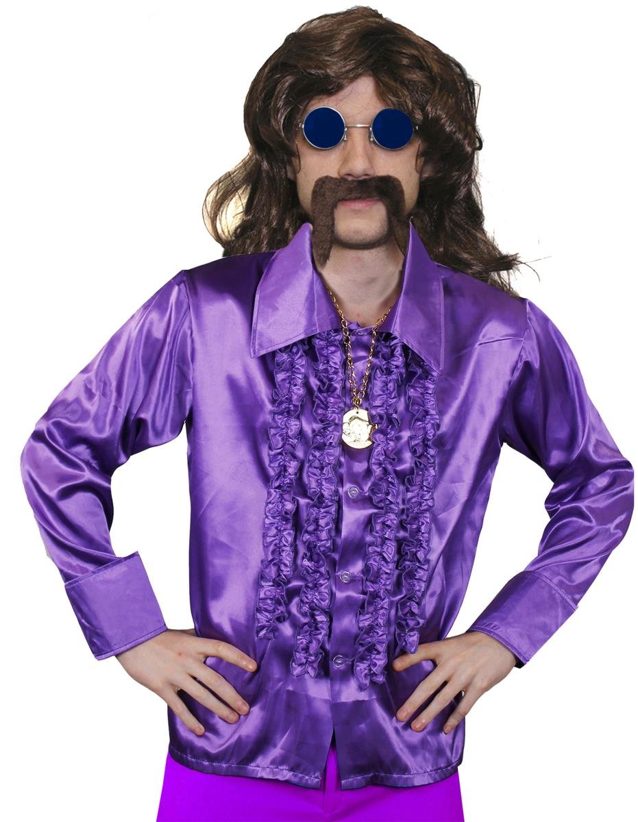 Mens 70s Disco Fancy Dress Costume - Mens Long Brown Wig, Purple Disco Shirt, Gold Medallion, Blue Coloured Glasses + Brown Moustache - Funky Fancy Dress Costume - Purple Shirt (Large)