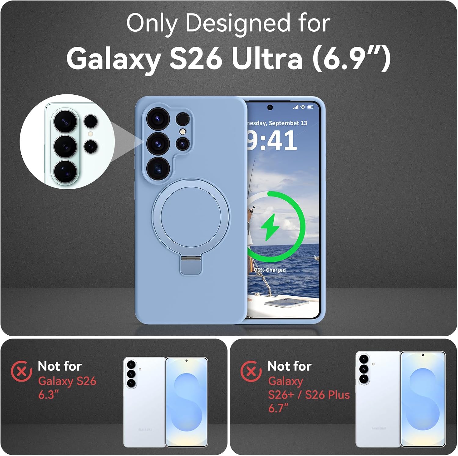 for Galaxy S26 Ultra Case with Stand, Slim Liquid Silicone Phone Cases for Samsung Galaxy S26 Ultra Compatible with MagSafe Magnetic Ring Kickstand Case Full Camera Protection, Light Blue