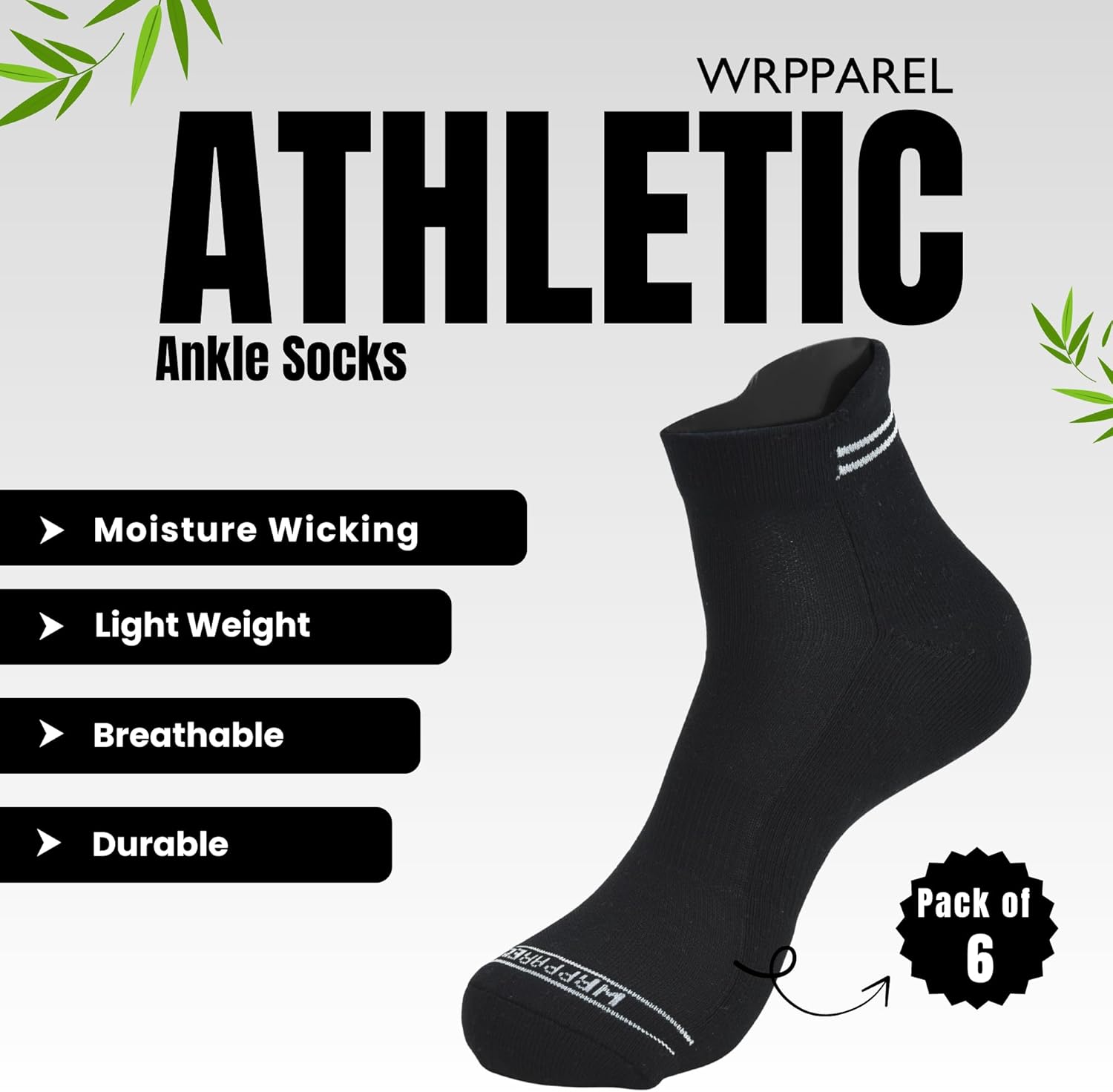 Bamboo Rayon Athletic Mens Ankle Socks Arch Support Half Terry Cushioned Moisture Wicking Workout | 3 & 6 Pairs - Image 2