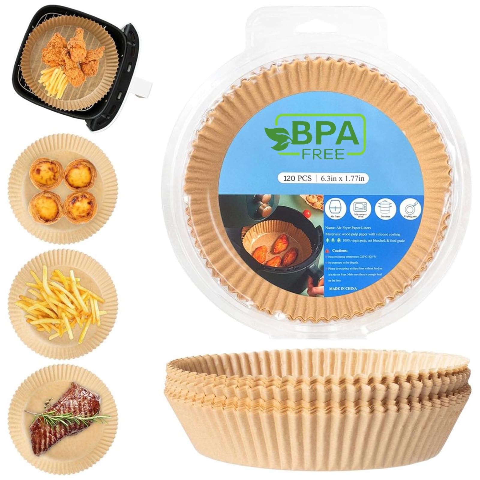 120 PCS Round Air Fryer Liners Disposable for Ninja AF100UK AF160UK Tower T17021 Salter Cosori 3-5.2L Round Non Stick Baking Parchment Paper