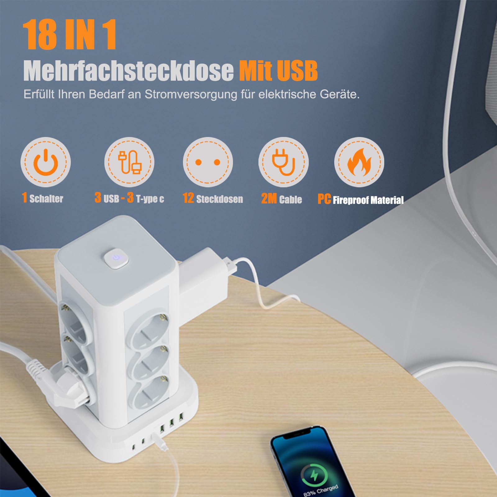 Regleta con USB 12 compartimentos, AOUOO Regleta múltiple con interruptor, 4000 W, 16 A, protección contra sobretensiones, torre de enchufe, cable alargador de 2 m para casa, oficina, cocina, cable de