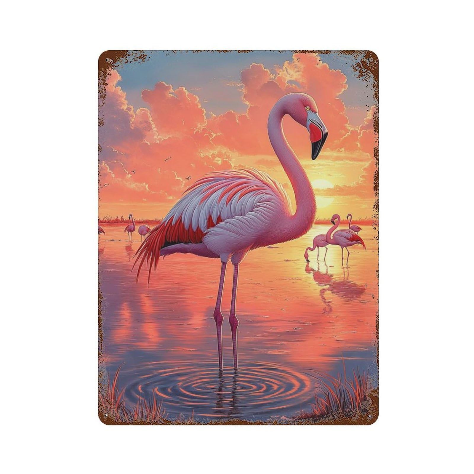 Distressed Metal Wall Sign Pink Flamingo Sunset 15.7"x11.8", Old School Wall Decor for Bistro, Counter And Cafe Decor