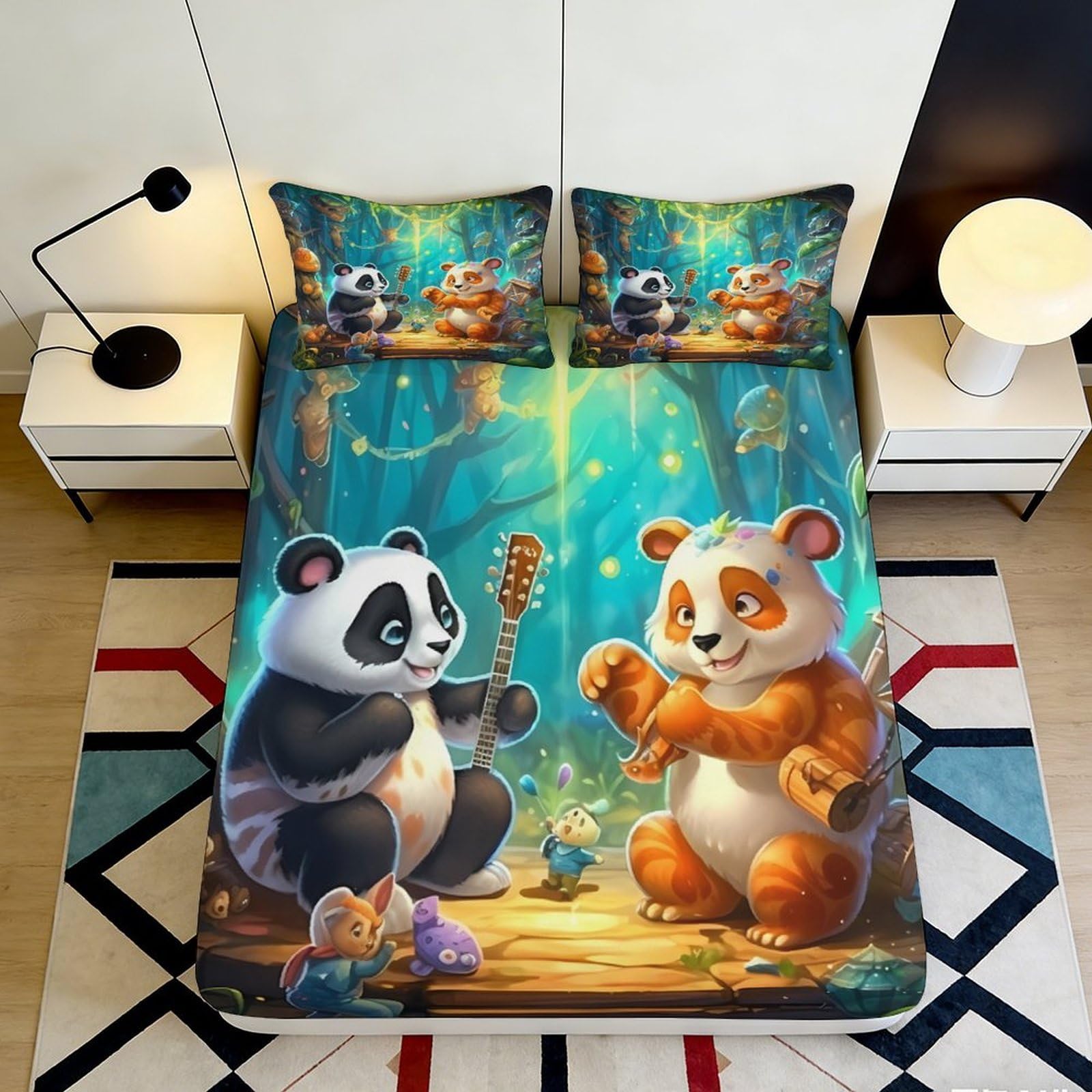 3D Printed Cartoon Panda Forest Fitted Sheet Microfiber Soft Breathable Animal Bed Cover for Bedroom Dorm Decor 140x200x25cm