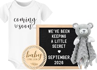 Baby Coming Soon Announcement Ideas, Surprise Pregnancy Reveal To Family Grandparents Grandma Dad- Baby Shower Gender Reveal Gifts- Felt Letter Board, Wooden Sign, Onesie, Security Blanket