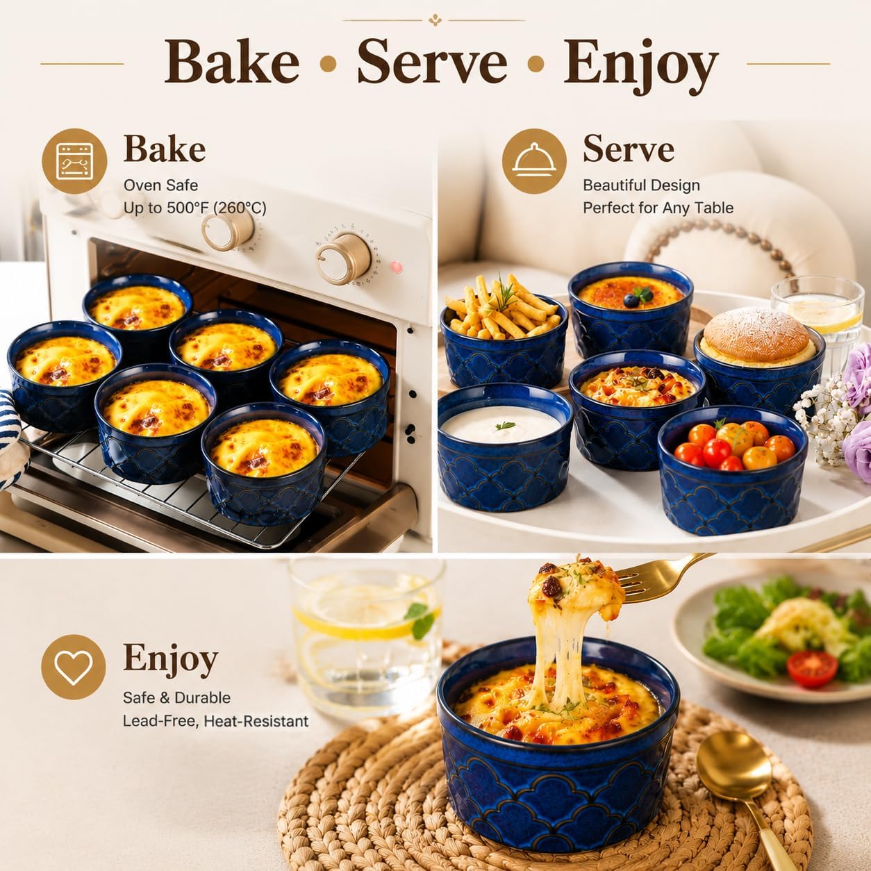 8 Oz Ceramic Ramekins Set of 6, Oven Safe Ramekin Bowls for Creme Brulee