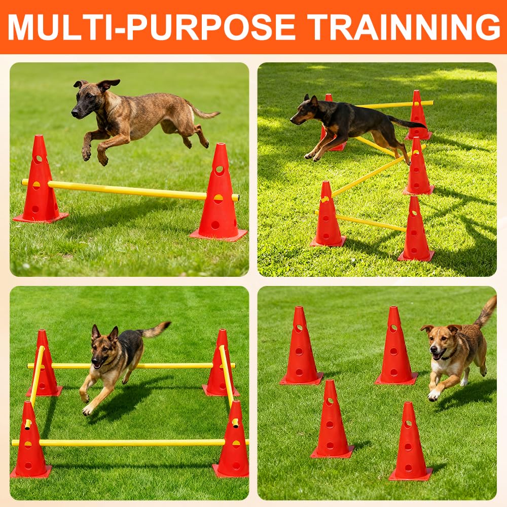 Haies d'Entraînement, Agility pour Chien, Saut Obstacle pour Chien, 8 Cônes(32cm) + 4 Barres(80cm), Ensemble de Haies pour l'Entraînement de Coordination