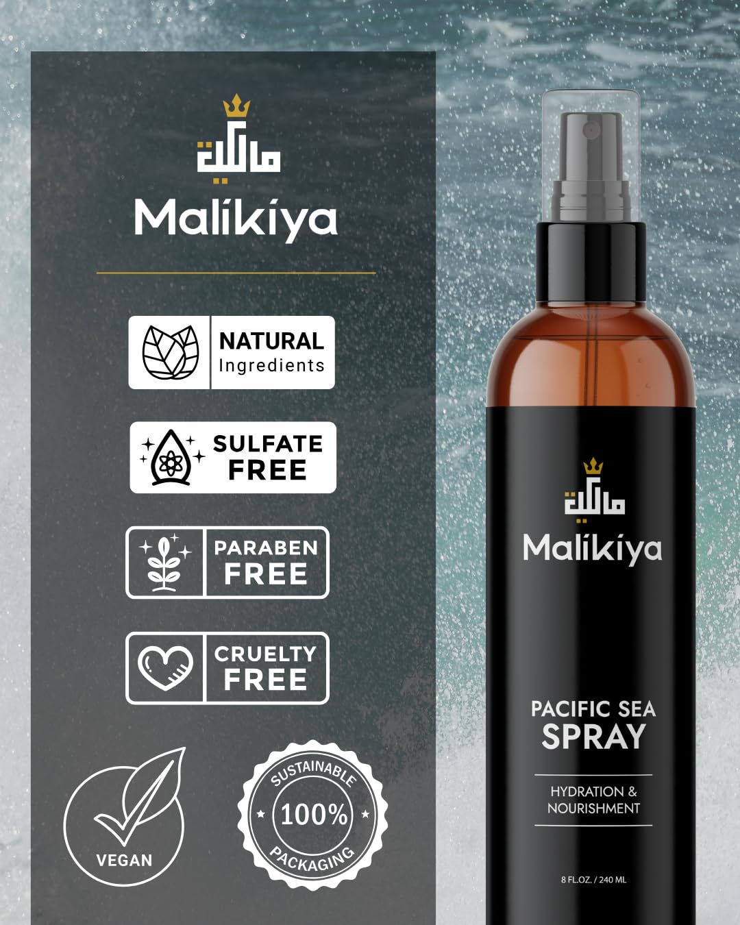 Sea Salt Spray for Hair– Beach Waves, Fluffy Textured Hair | Natural, Non-Greasy, No Crunch, Firm Hold | Coconut Water & Sea Kelp | 8 oz