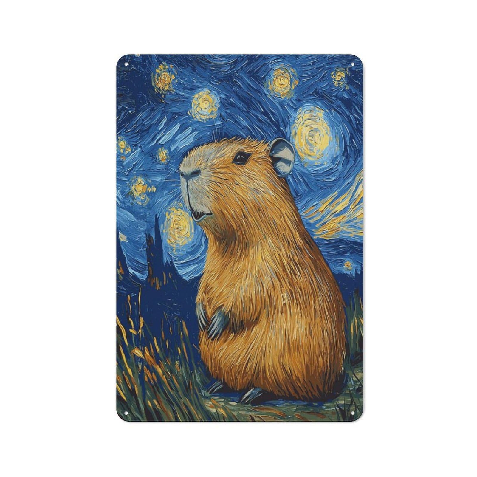 Junmoney Style-20 Tin Wall Plaque 30X20cm With Capybara Starry Night For Home Office Or Studio, New Home Wall Decor For Home Office Decor Fans