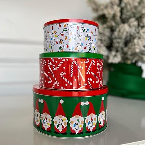 Miniatura 4 de Steel Mill & Co - Recipientes de lata con tapas, paquete de 3 latas de galletas de Navidad, latas festivas para regalos y golosinas navideñas,