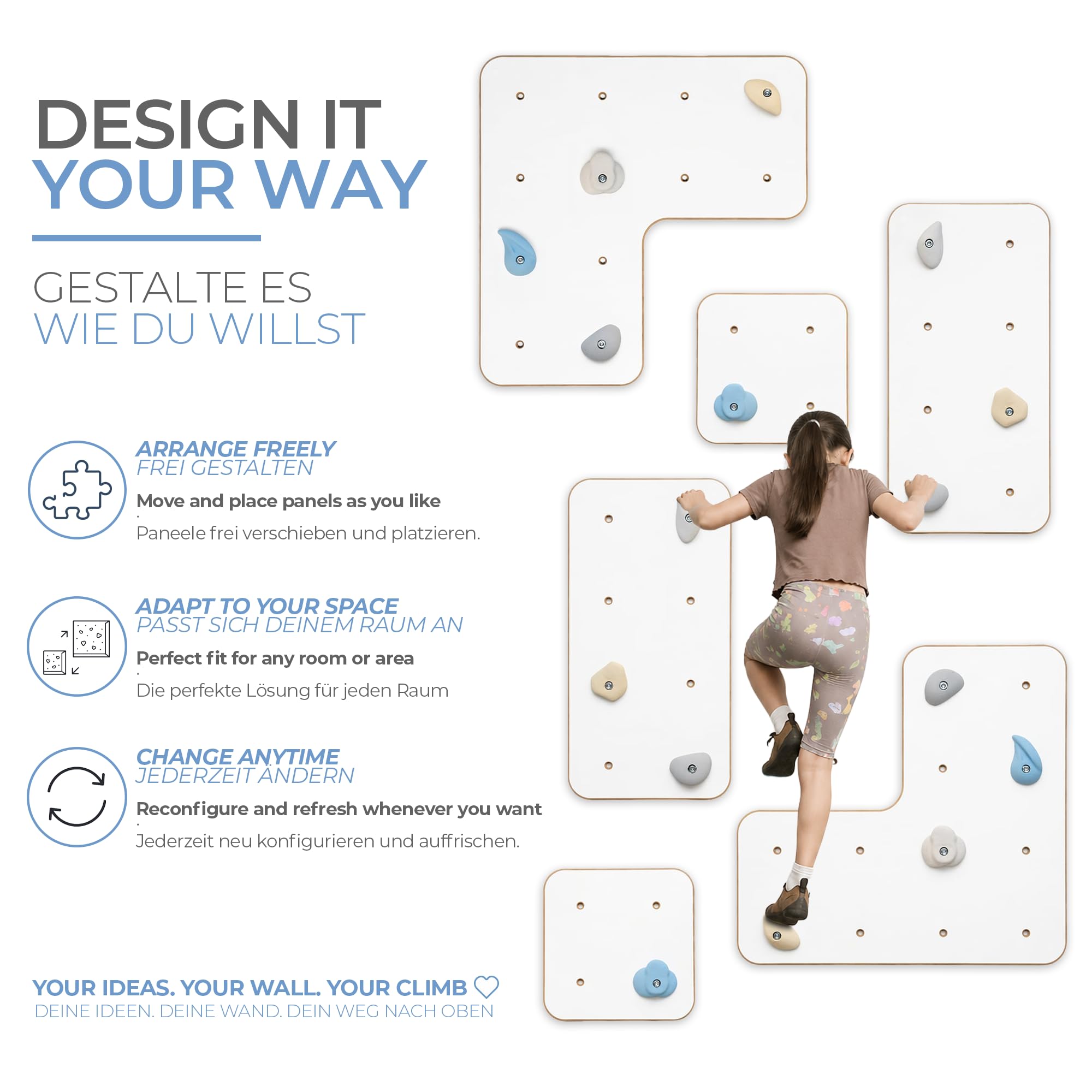 MAMOI® Pared de Escalada para Interiores con Asas, Moderna Pared de Escalada para la habitación, Tablero de Madera Blanca, Juego de Escalada para Montaje