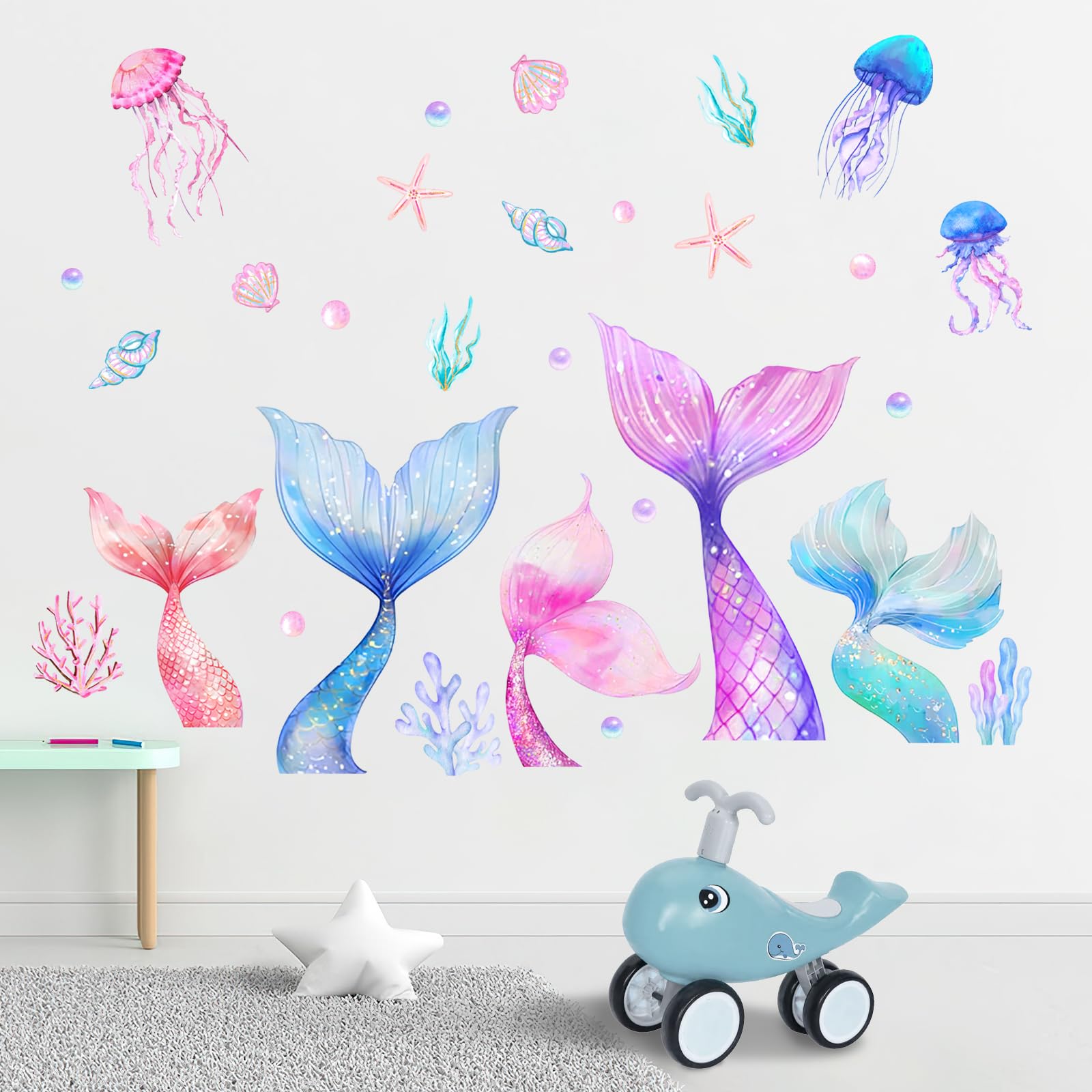Autocollants muraux sirène et perle de l'océan au design aquarelle