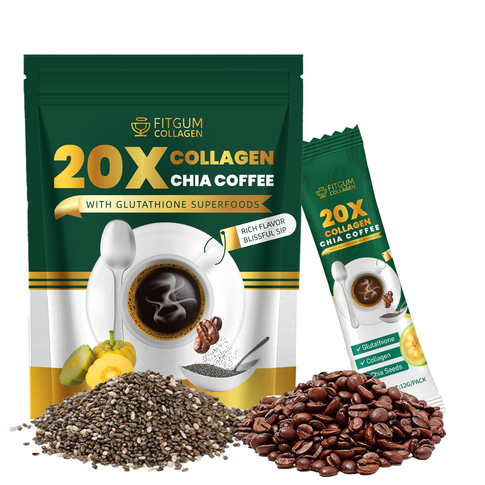 Fitgum Collagen 20X Chia 11 in 1 Shape Coffee Mix, Fitgum Collagen