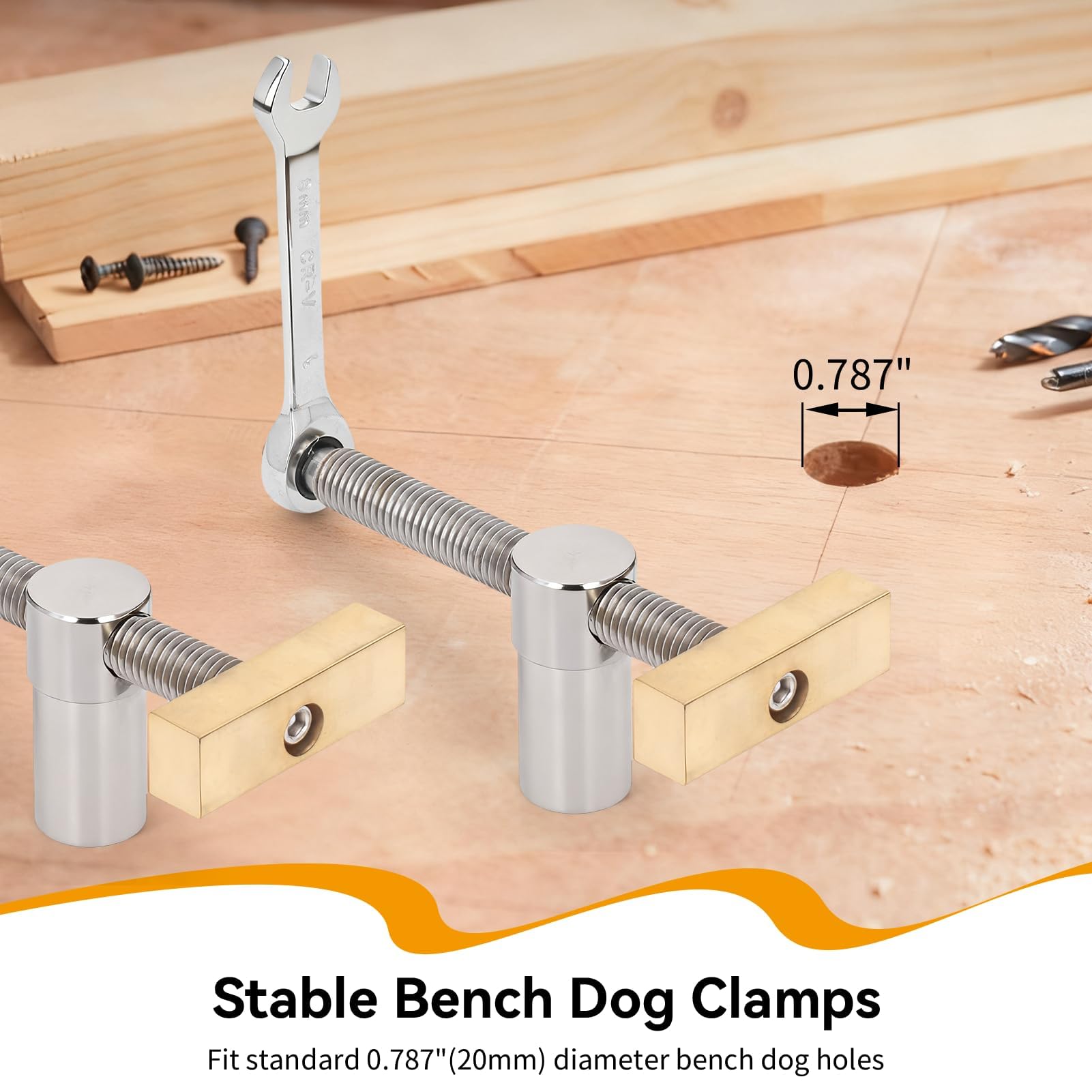 Lot de 2 pinces d'établi de 20 mm avec 4 chiens de banc pour trou de 20 mm, clips de bureau réglables, fixation, bancs d'étau, outil de menuiserie, positionnement DIY (argenté)
