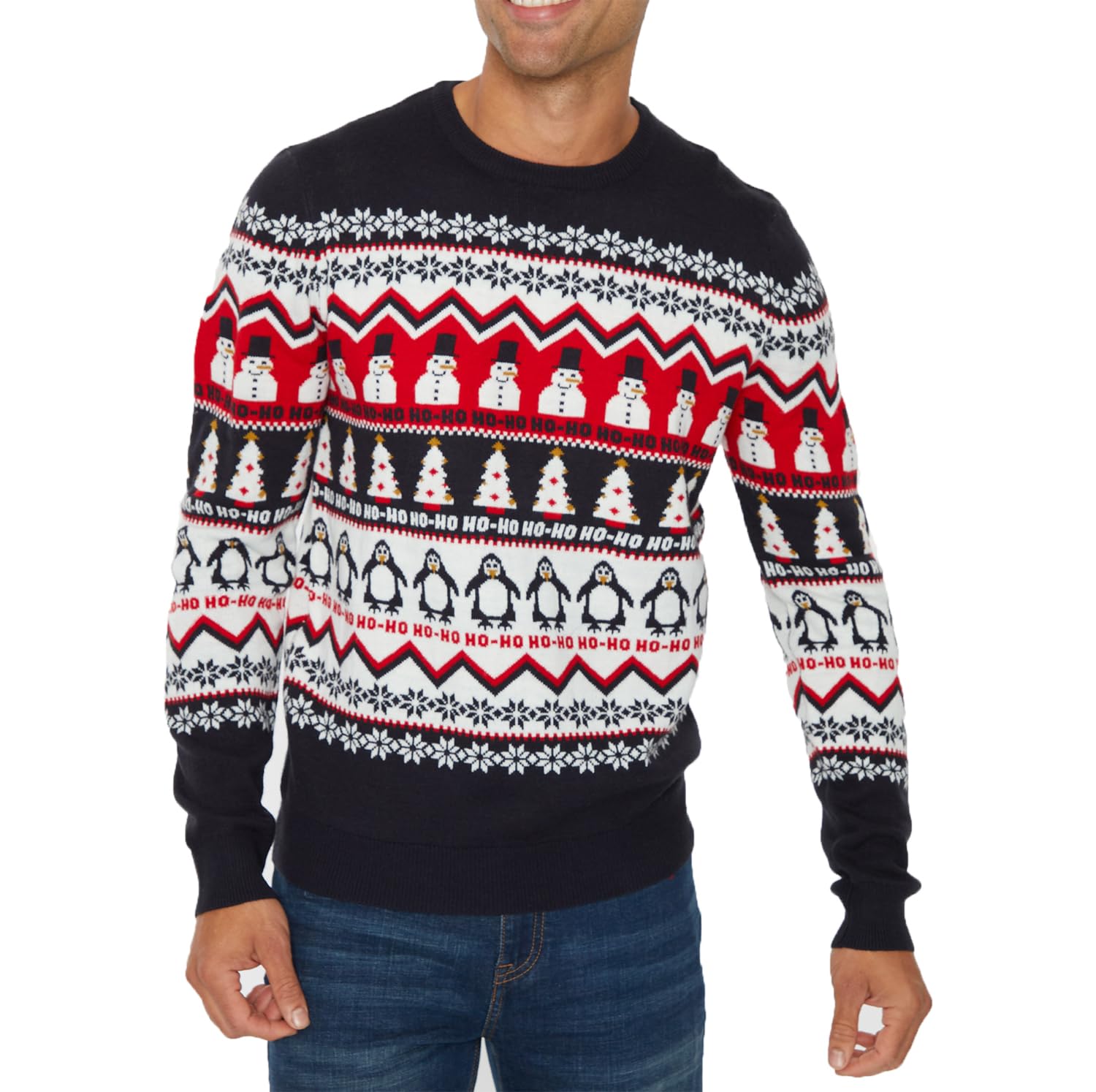 Noroze Men's Hoho Snowman Penguin Navy Christmas Jumper Reindeer Stag Nordic Polar Bear Festive Unisex Xmas Jumpers (L, )