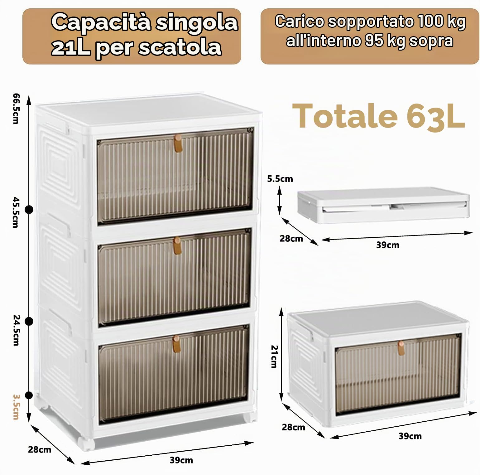 JoliJour Contenitori Plastica con Coperchio Pieghevole Set di 3 Impilabili Scatole Plastica con Coperchio Armadio salvaspazio contenitori per riporre vestiti utensili da cucina giocattoli libri bagno