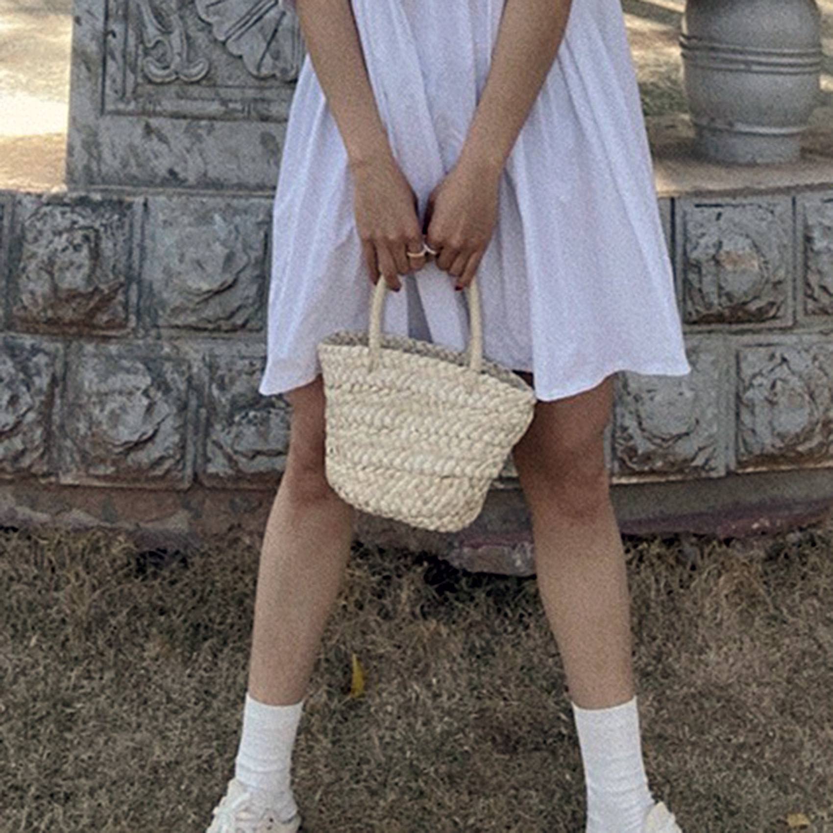 Borsa in Rattan di Paglia Intrecciata Fatta a Mano con Mais, Beige