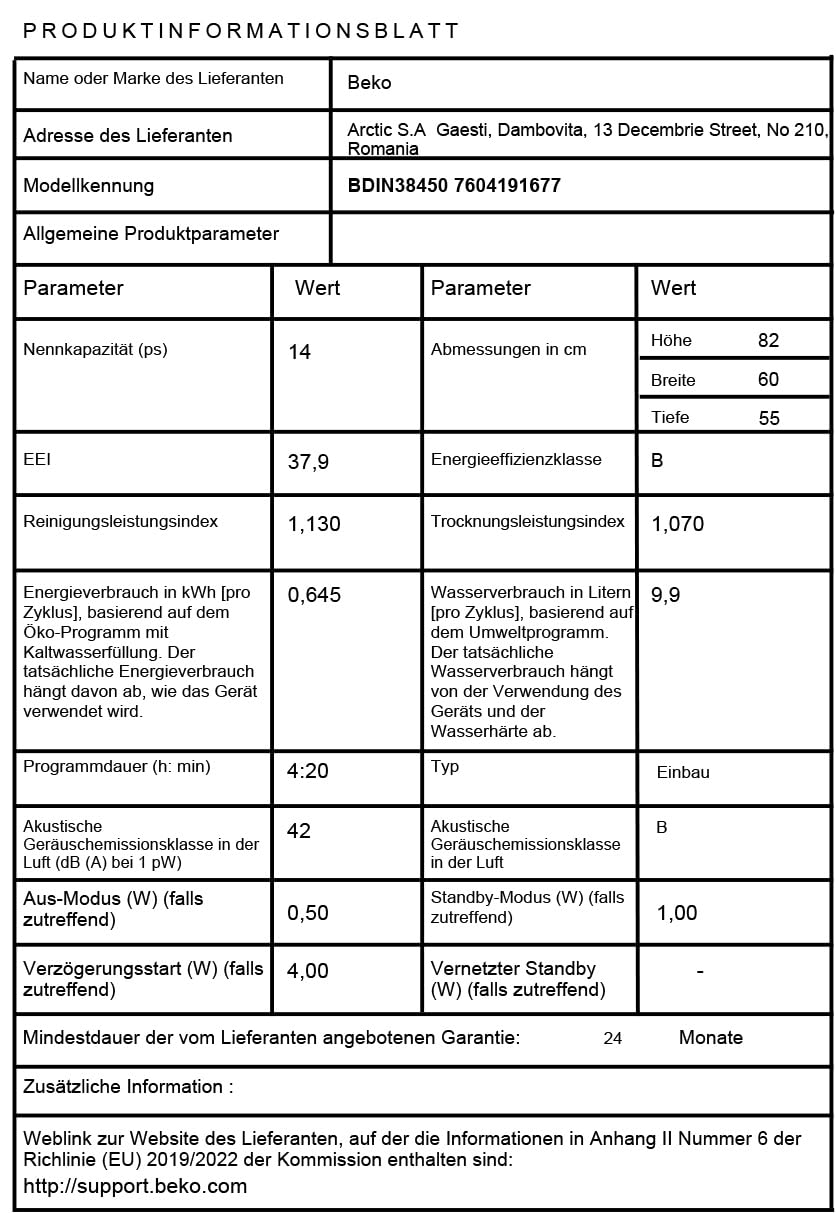 BEKO BDIN38450 Geschirrspüler vollintegriert, 14 Maßgedecke, Watersafe+, SteamGloss, ProSmart Inverter Motor