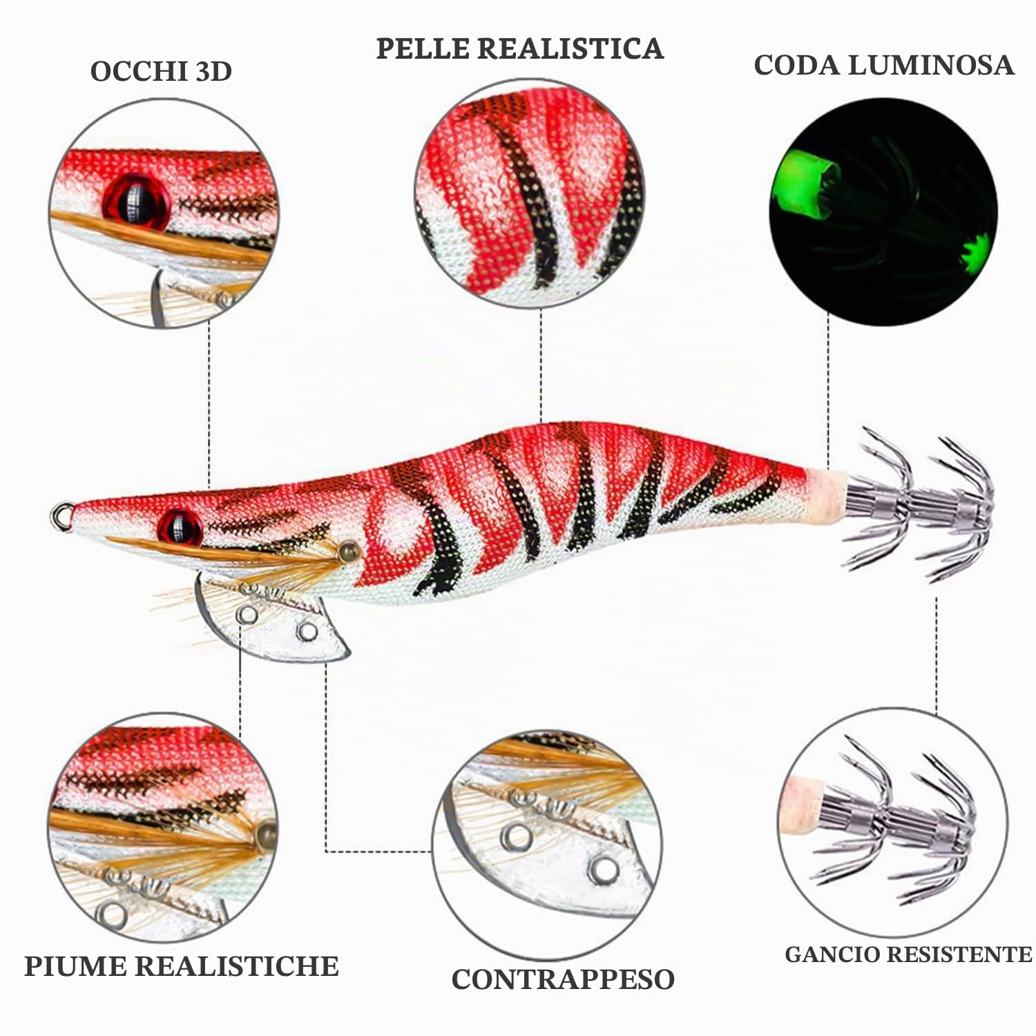 MagiSel Esche luminose pesca seppie, 4 Pcs esca per la pesca di calamari polpo esca per gamberetti, Ami per calamari di gamberetti, Esca per calamari di gamberetti, Esca per gamberetti esche