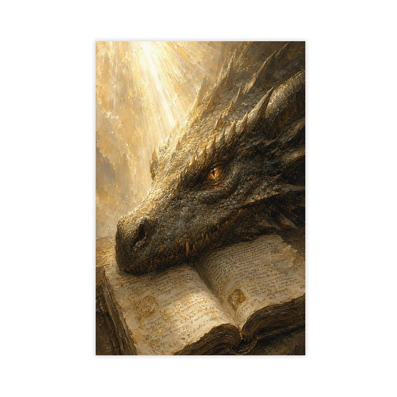 W7c8u2x3 Unframe-Style-20 Dragon Resting On Ancient Book Canvas Wall Art, Reading Corner