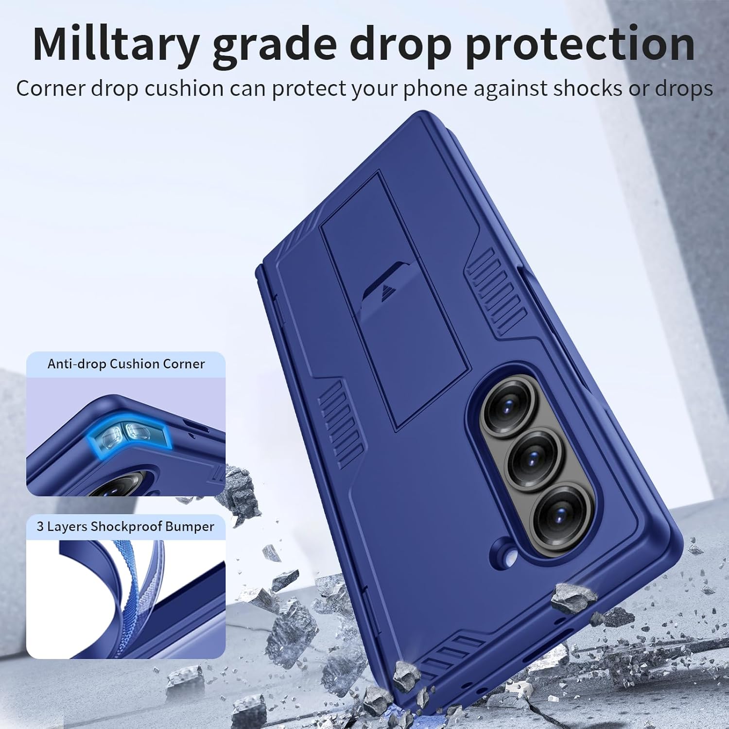 for Samsung Galaxy Z Fold 6 Case & Stand, [Hinge Protection & Built-in Tempered Screen Protector] Full Body Heavy Duty Shockproof Slim Wireless Charging Case for Galaxy Z Fold 6 (Blue)
