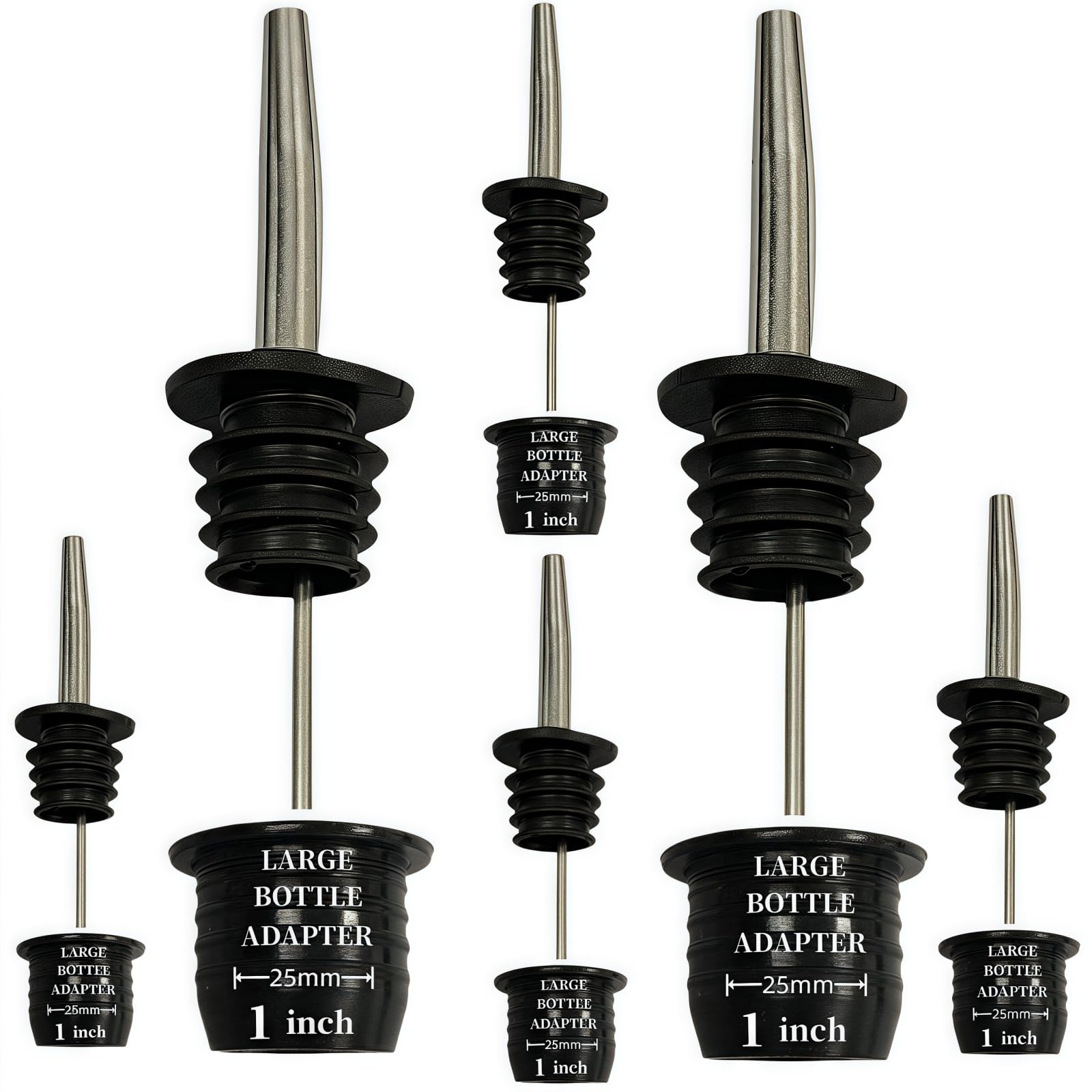 Vertedores de botellas clásicos de acero inoxidable, paquete de 6 unidades, color negro, con 6 adaptadores para botellas de cuello grande, también para aceite de oliva, jugo, jarabe, convierte