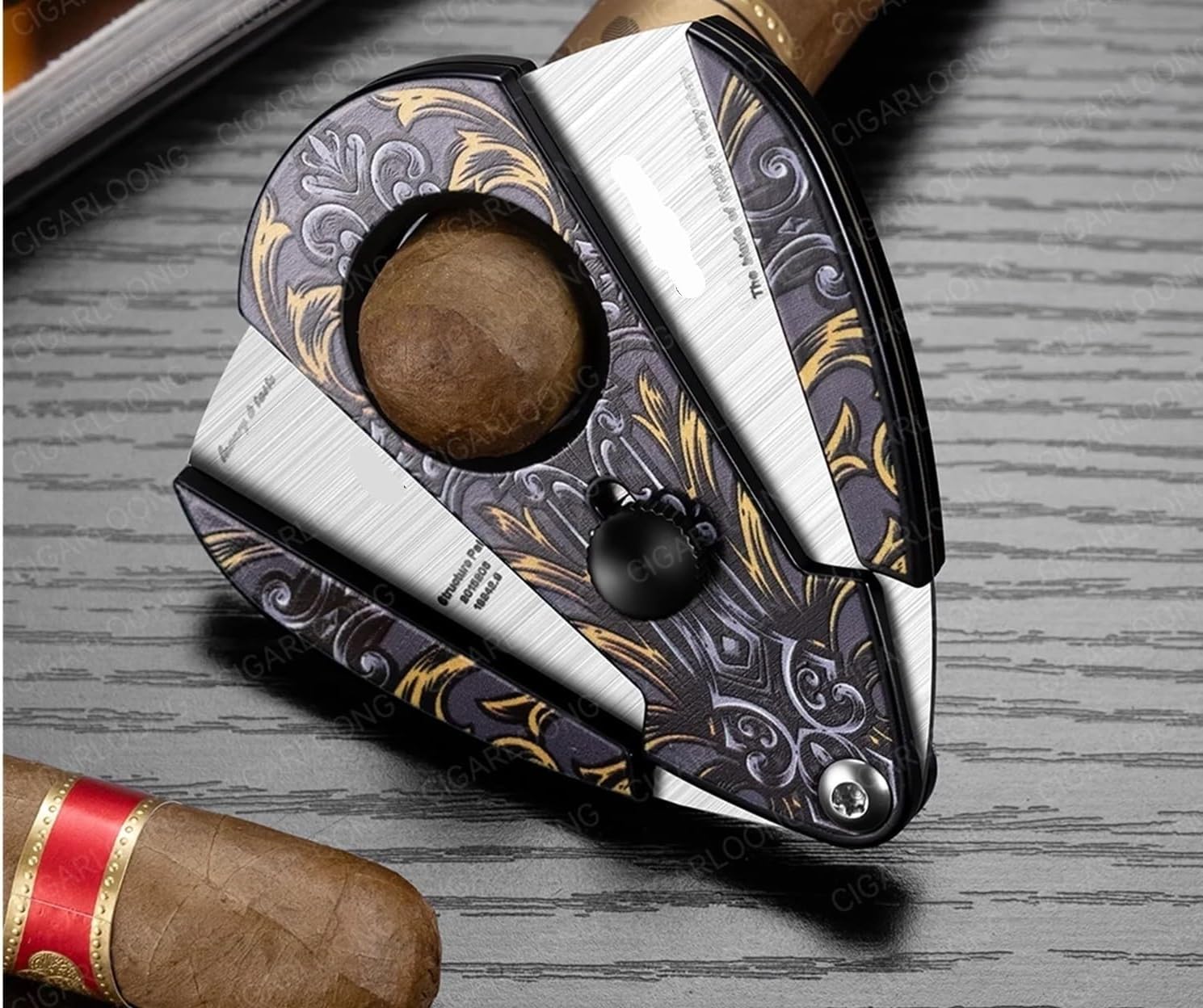 ZUC Professional Cigar Cutter, Precision Double Blade Guillotine Tool, Fan-Shaped Handheld Clipper, Wood Grained and Polished Metal Accessory(C)