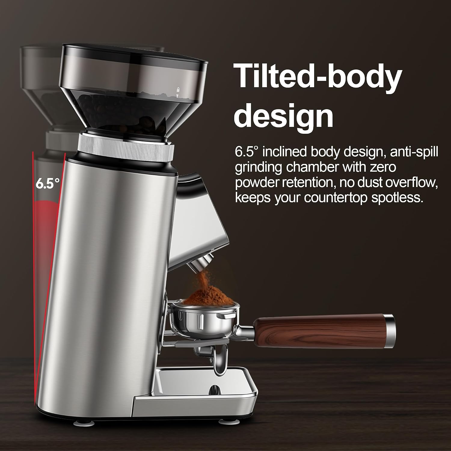 Conical Burr Coffee Grinder, Tilted design,Less residue,Metallic Silver