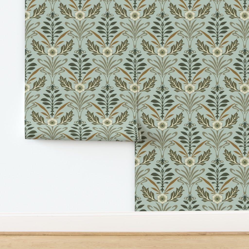 Spoonflower Peel & Stick Wallpaper 12ft x 2ft - Art Nouveau Large Mint Blue Forest Green Damask Custom Removable Wallpaper