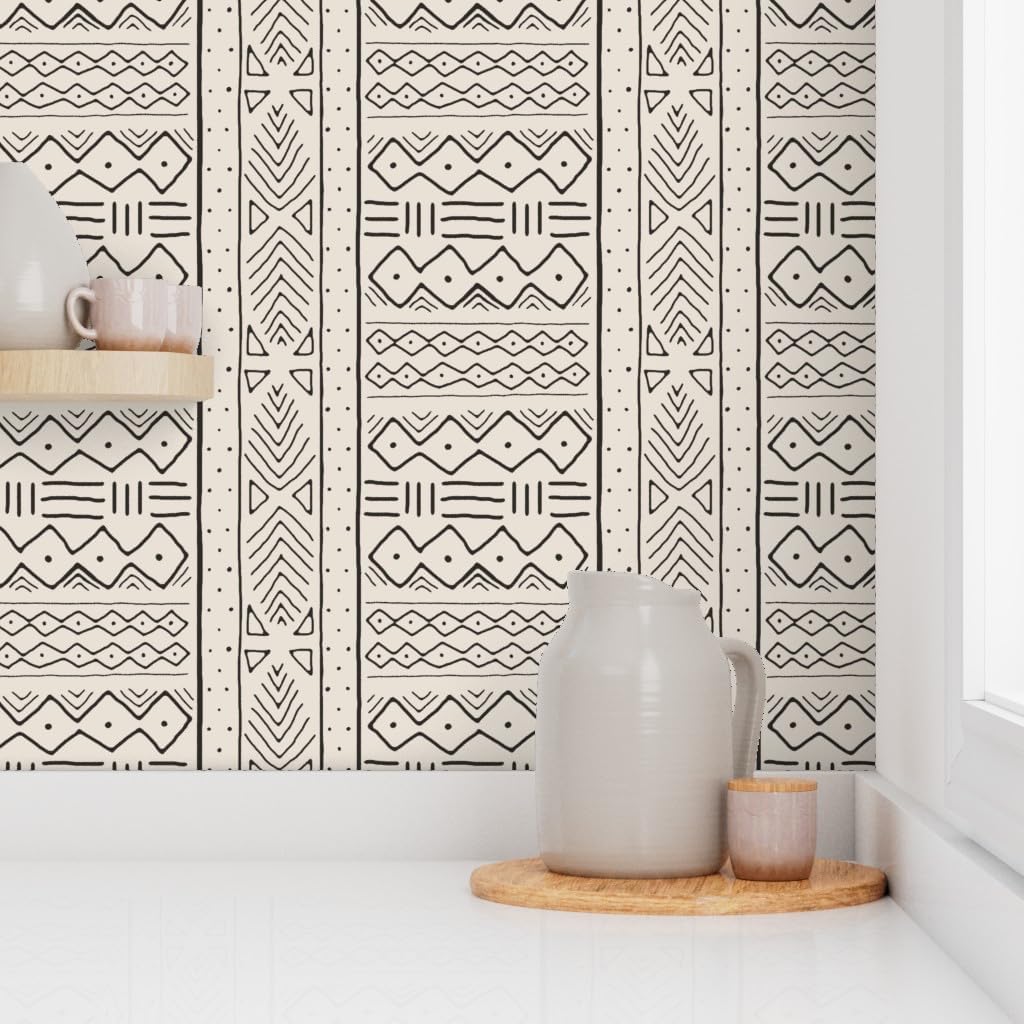 Peel & Stick Wallpaper 3ft x 2ft - Mudcloth Black African Tribal Decor Custom Removable Wallpaper by Spoonflower