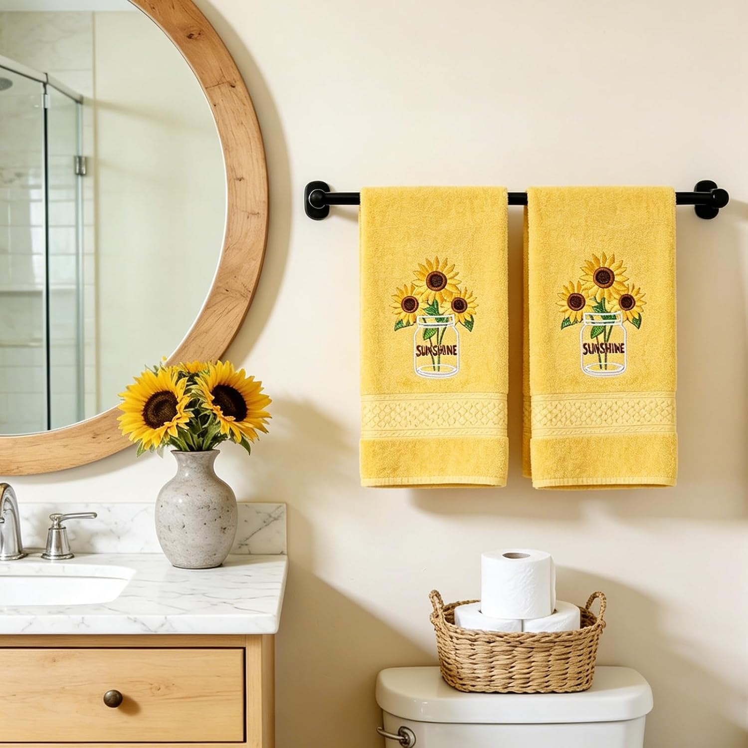JarThenaAMCS 2Pcs Summer Sunflower Hand Towels Yellow Cotton Embroidered Bathroom Towel Floral Farmhouse Decorative Dish Towel for Home Bathroom Kitchen Decor, 13.8 x 29.5 Inch