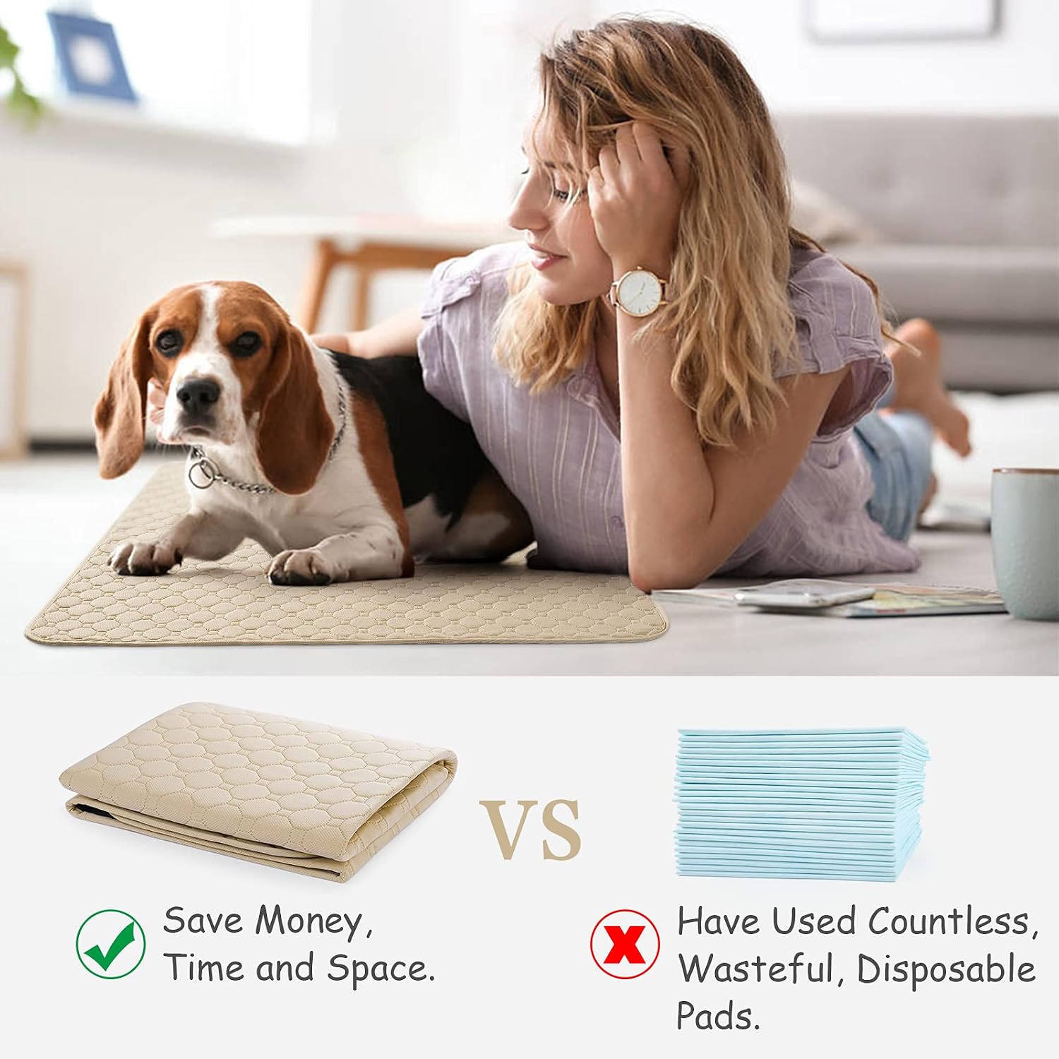 rabbitgoo Washable Pee Pads for Dogs, Reusable Large Waterproof Training Crate Pad, Machine Washable Mat Absorbent Puppy Whelping Pee Pads Suitable for Pet Dogs and Cats, 35"x32", 2 Pack, Light Beige
