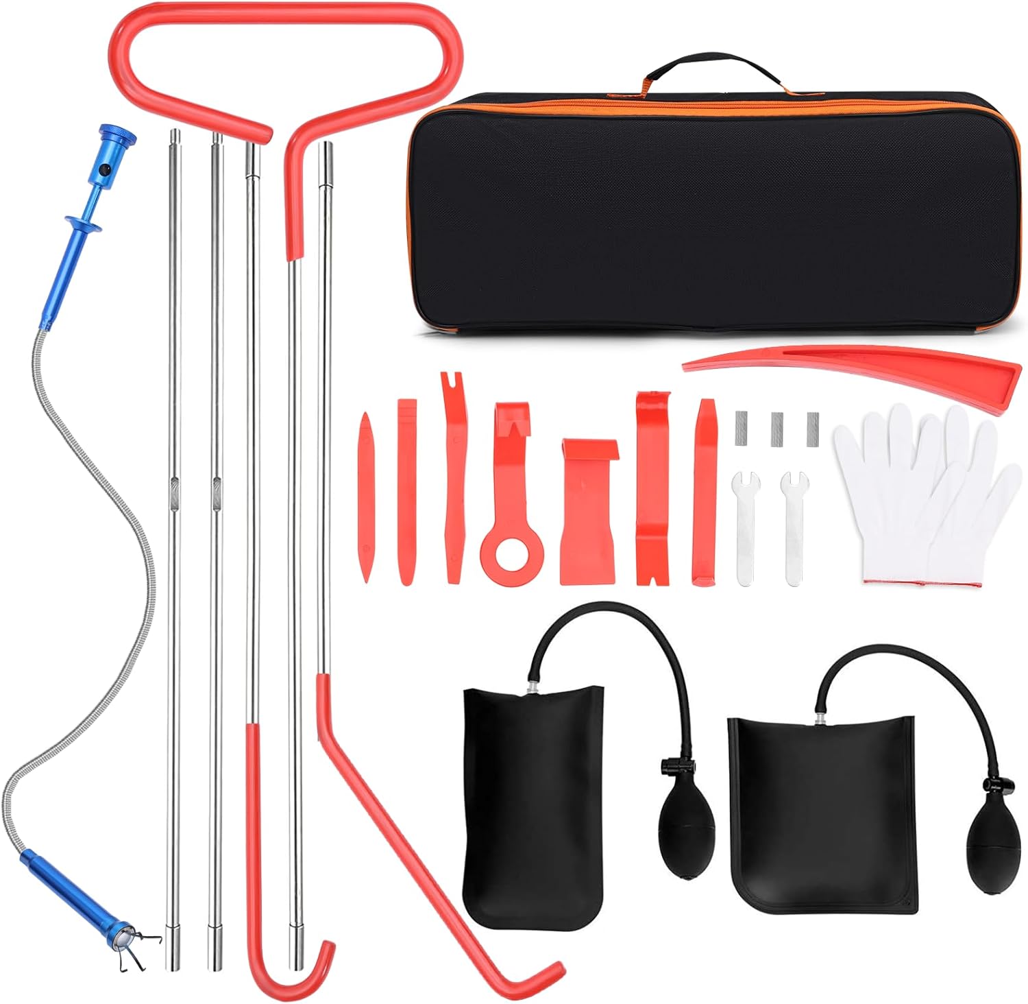Stainless Steel Assorted 5th Wheel Pin Puller, Car Tool Kit, Pull Hook J-Hook, 68-inch Long Reach Tool, Magnetic Flexible Claw Grabber Pickup Tool with Bright LED Light, 24PCS