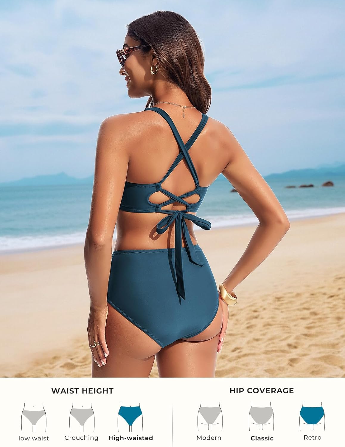 Hanna Nikole Women's High Waisted Bikini Sets, Tummy Control 2 Piece Swimsuits, Full Coverage Knot Front Bathing Suit - Image 5