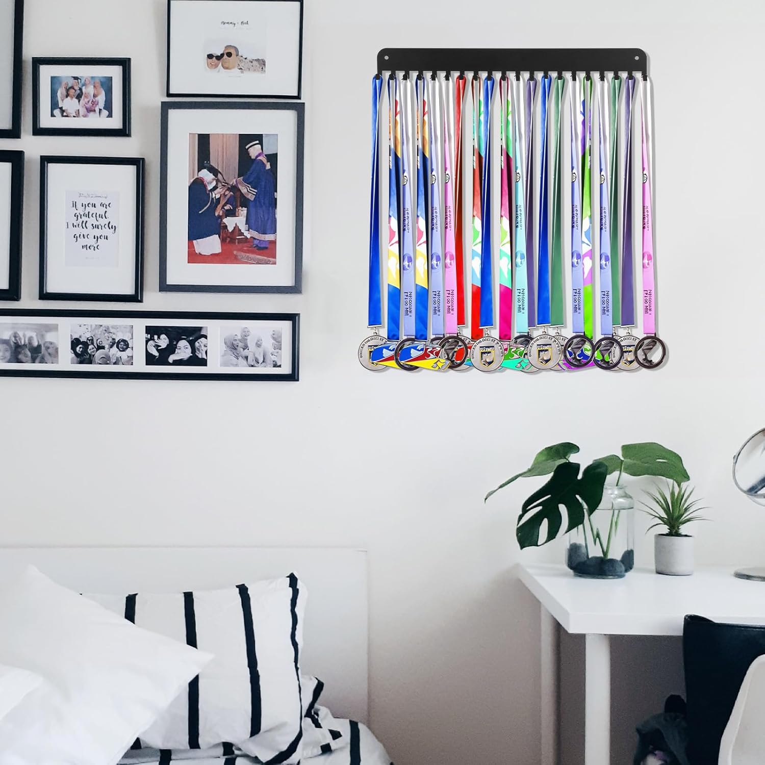 4 Pack Running Medal Hanger Display 16" Medal Holder for Wall Marathon Gymnastics Soccer Award Ribbon Holder Wall Display Sport Ribbon Hooks Racks Hangers for Race Runner, 20 Hooks