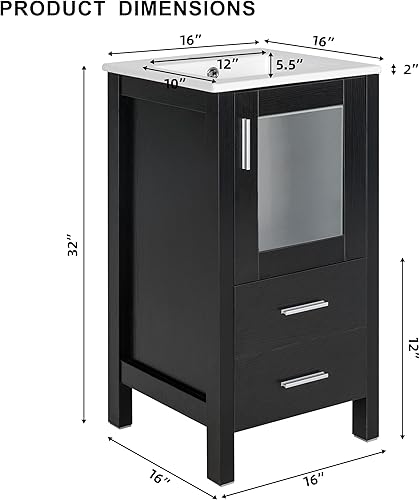 Miniatura 2 de LUCKWIND Tocador de baño pequeño de 16 pulgadas con fregadero de cerámica empotrado color negro para un espacio pequeño