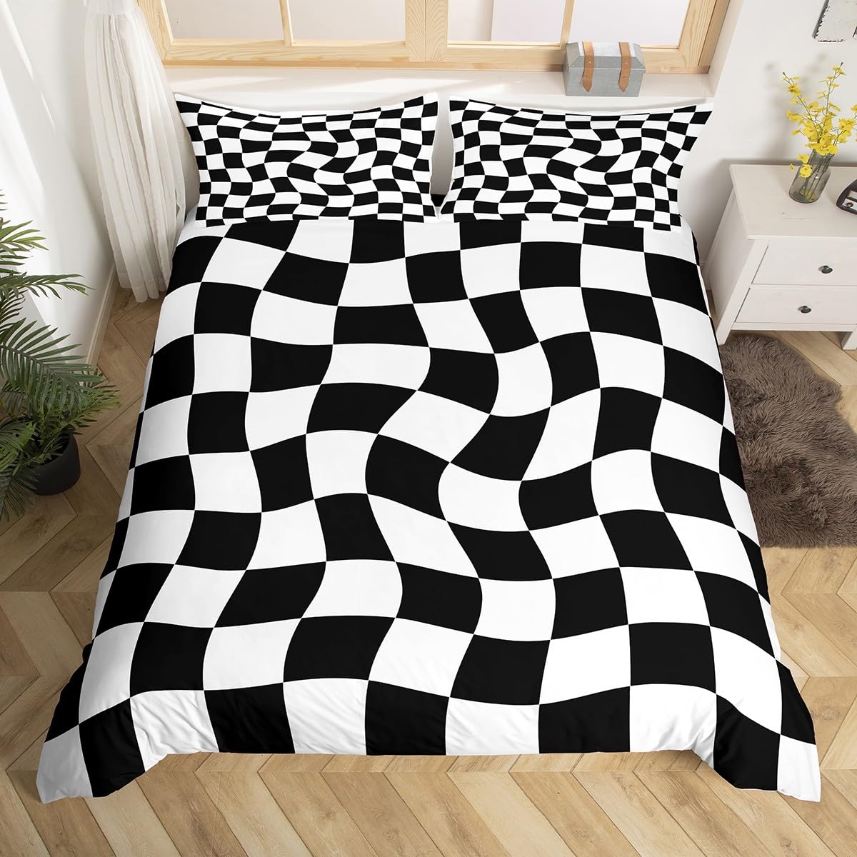 Housse de couette à carreaux esthétiques pour transformer le décor d'une chambre d'ado moderne